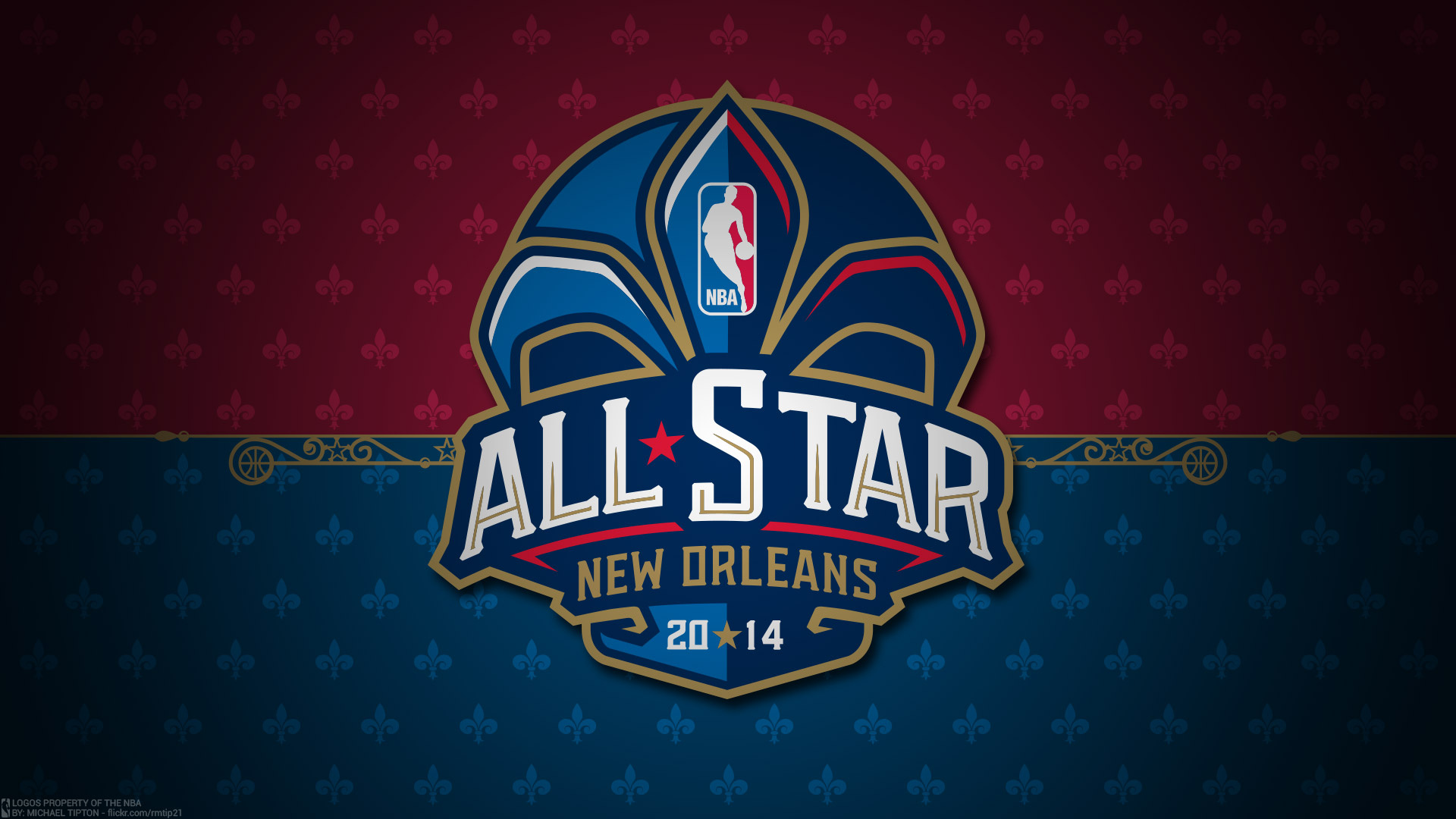 NBA All-Star Game 2014, New Orleans jester hat crest, Fleur-de-lis patterned backdrop, Full HD Desktop wallpaper