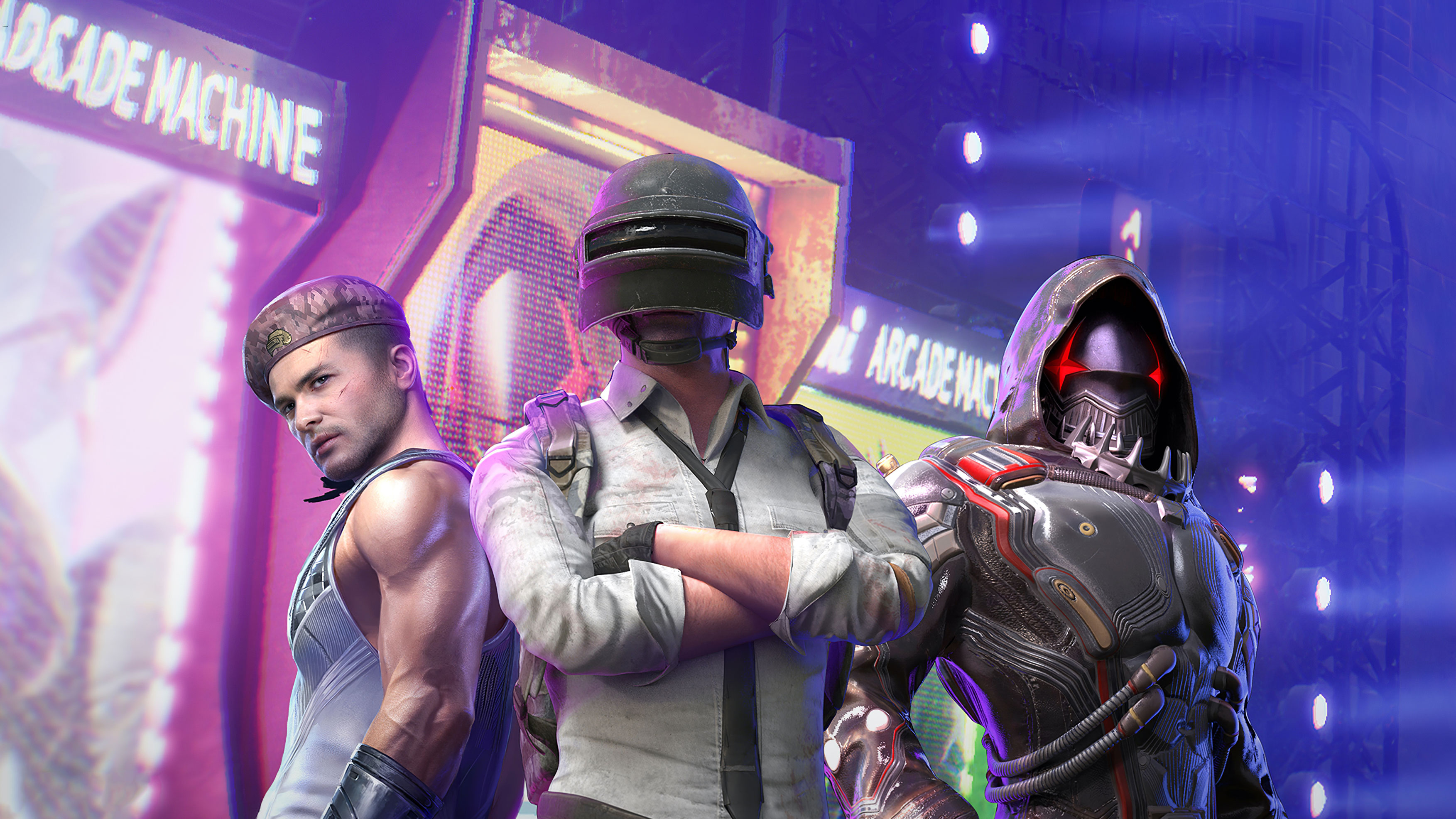 PUBG Lone Survivor, Level 3 Spetsnaz Helmet, ARCADE MACHINE neon sign, hooded cybernetic combat suit, HD Desktop wallpaper