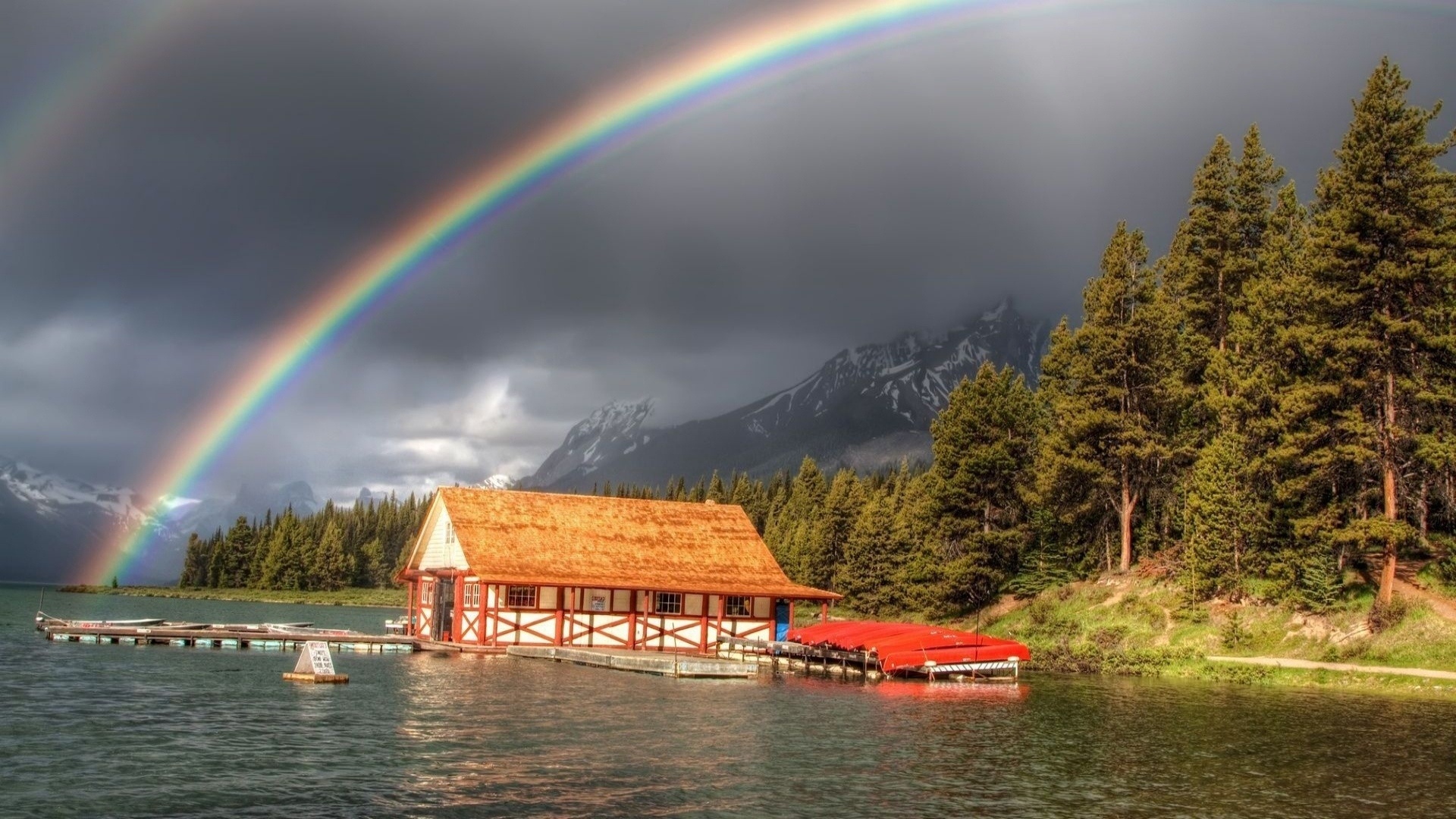 Maligne Lake Boathouse, Rainbow over lake, Jasper National Park, Full HD Desktop wallpaper