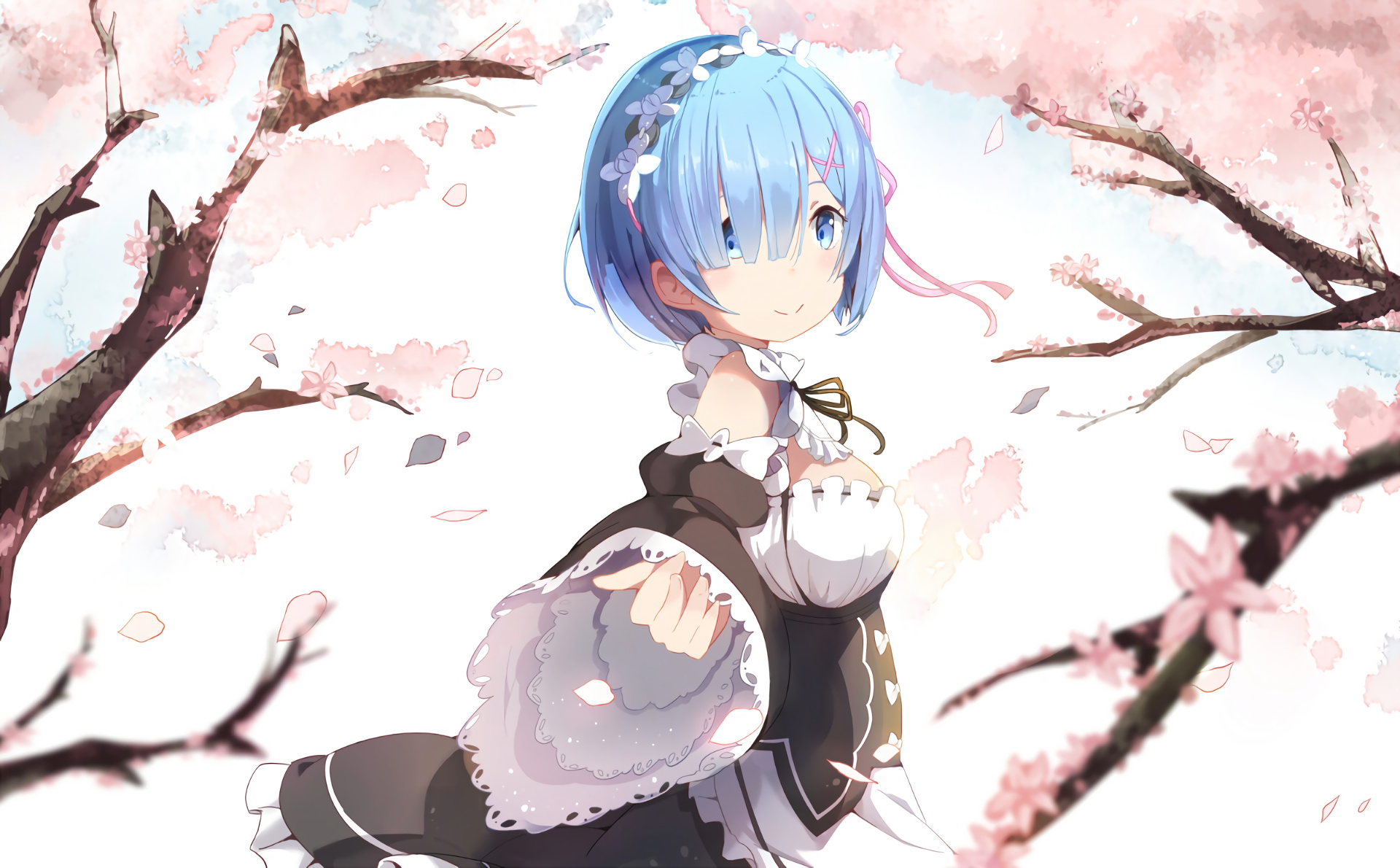 Rem in maid outfit, Cherry blossom branches, Falling sakura petals, HD Desktop wallpaper