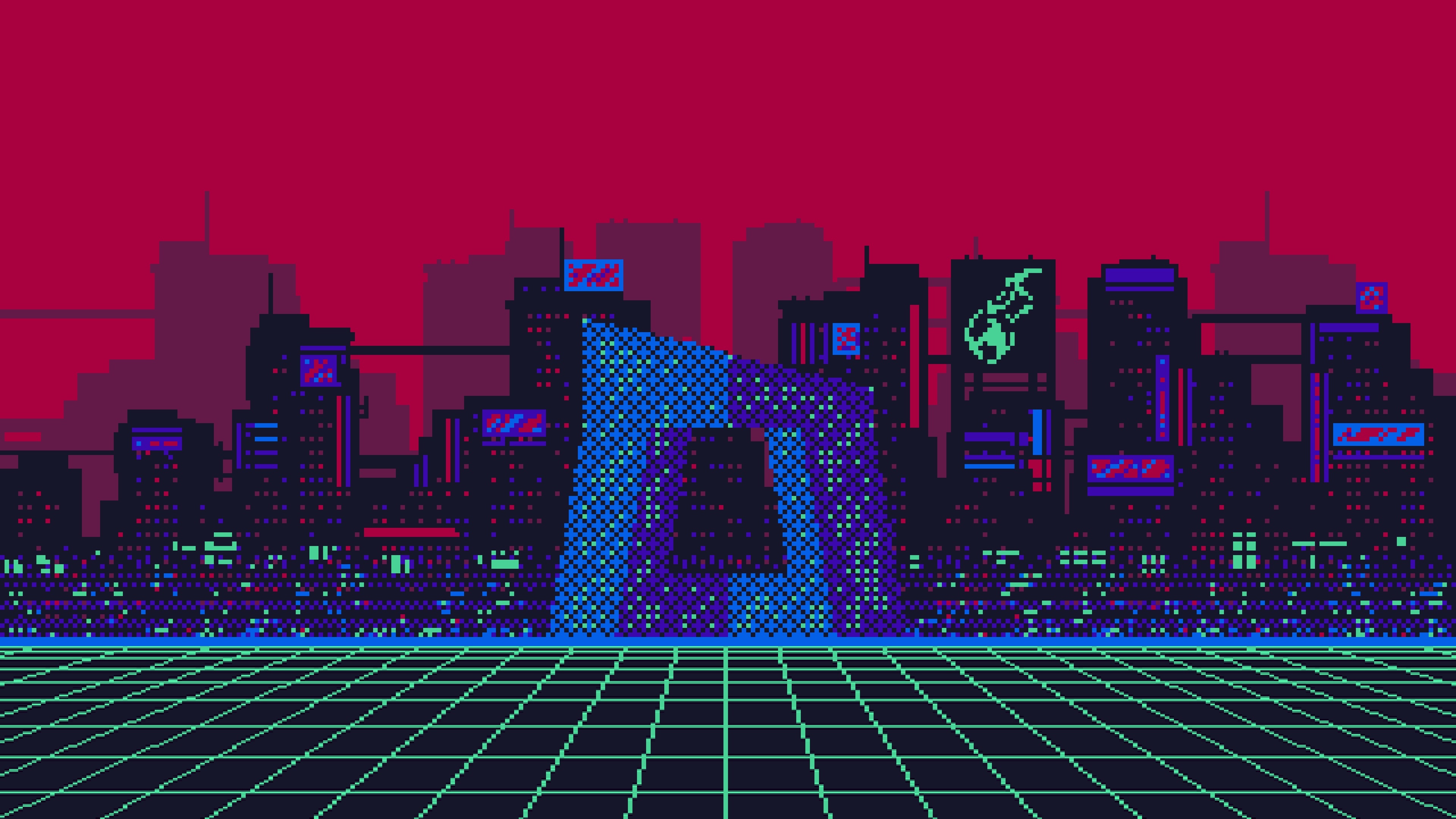CCTV Headquarters building, cyberpunk city skyline, neon perspective grid, 4K Desktop wallpaper