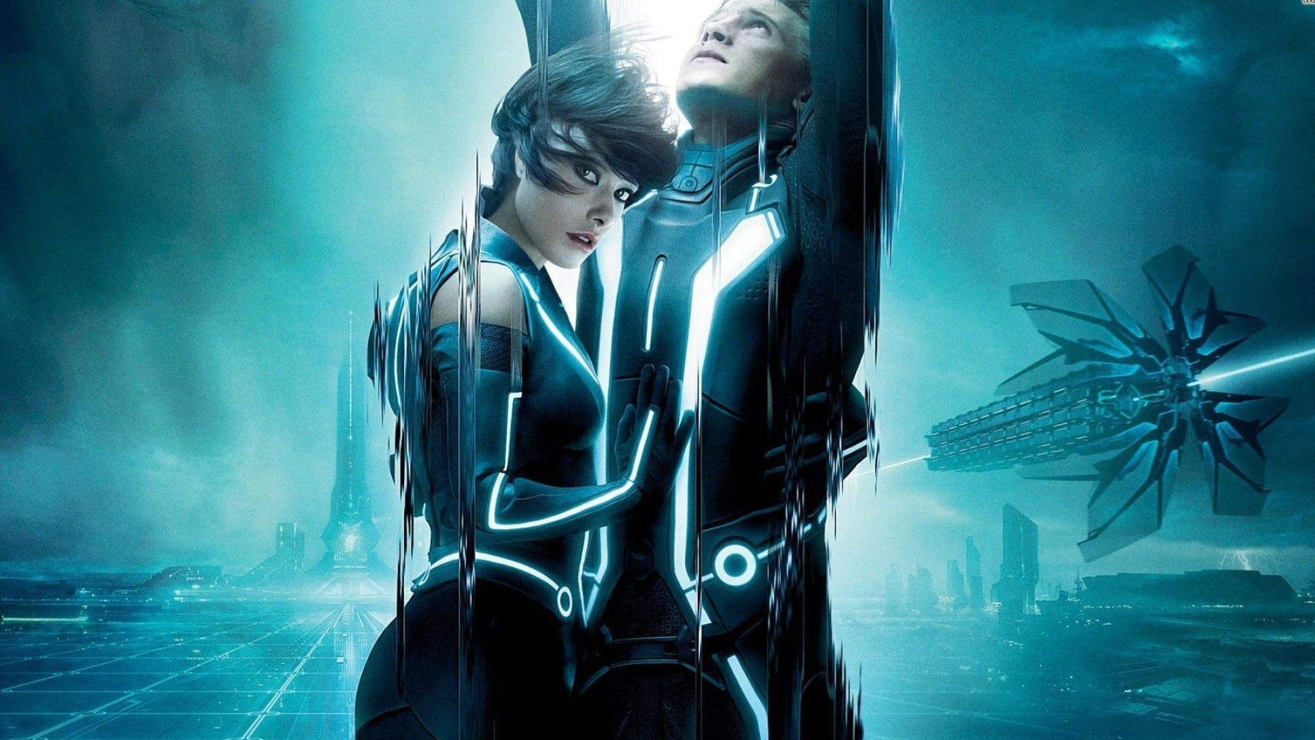 Olivia Wilde as Quorra, Garrett Hedlund as Sam Flynn, Tron: Legacy Grid landscape, Full HD Desktop wallpaper