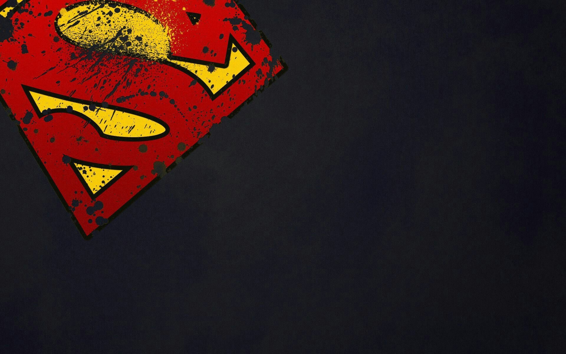 Superman S-shield emblem, grunge paint splatters, dark navy texture, HD Desktop wallpaper