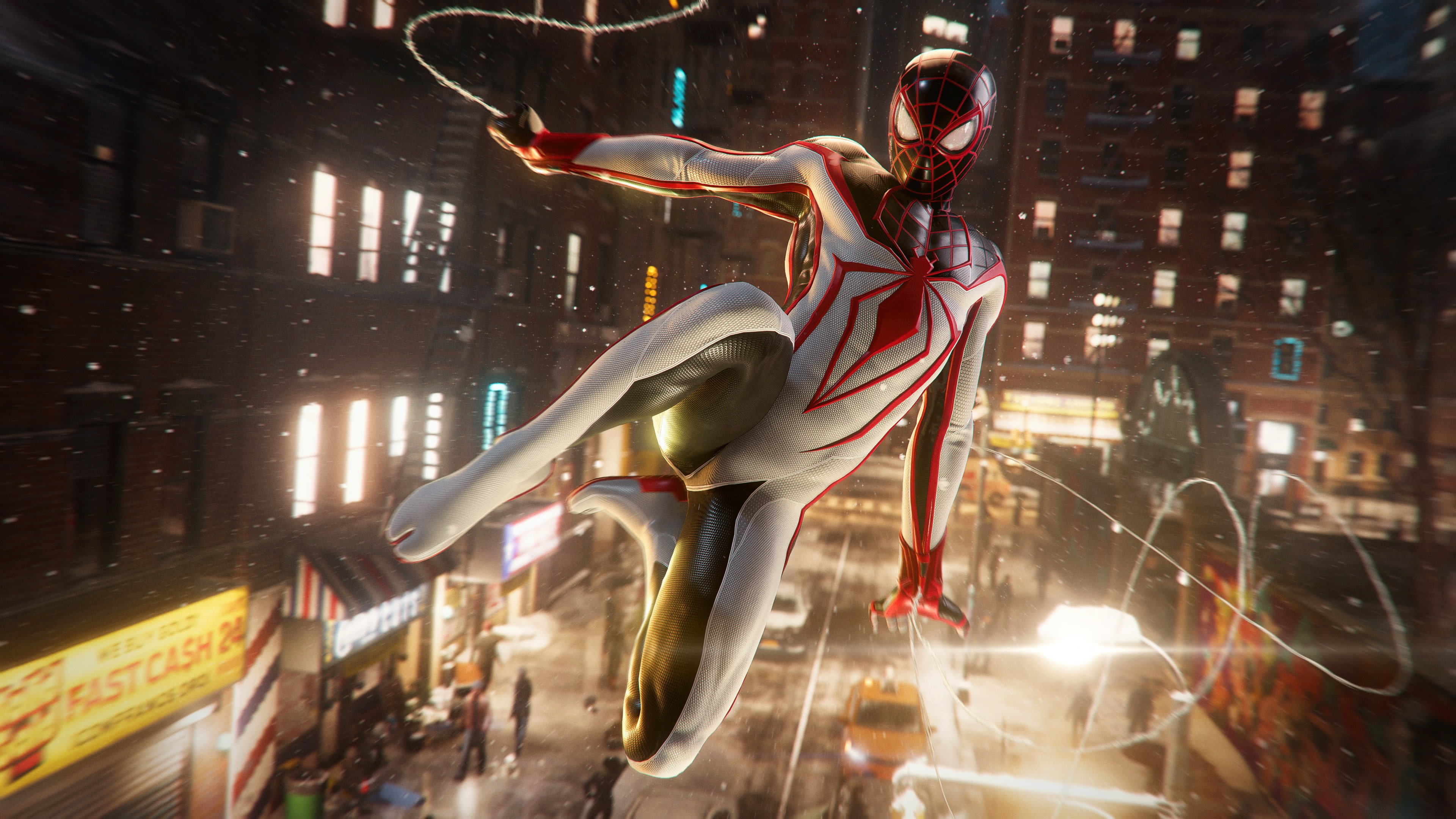 Marvel's Spider-Man, White and red suit, Miles Morales, Mid-air web swinging, Nighttime city street, 4K Desktop wallpaper