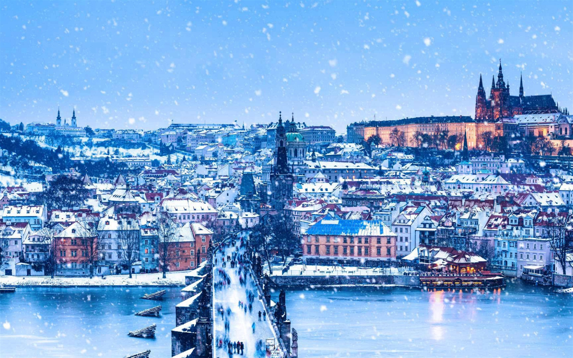 Charles bridge, Prague Christmas, Winter, Snow, 1920x1200 HD Desktop