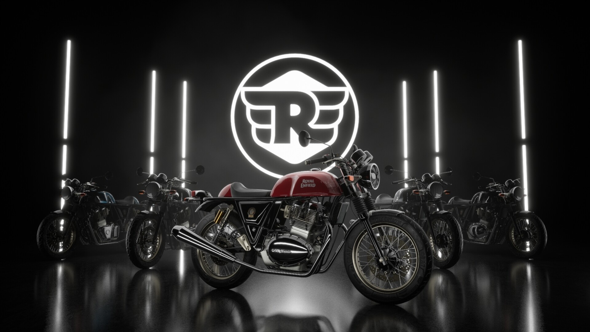 Royal Enfield Continental GT 650, illuminated Royal Enfield emblem, vertical neon tube lights, Full HD Desktop wallpaper