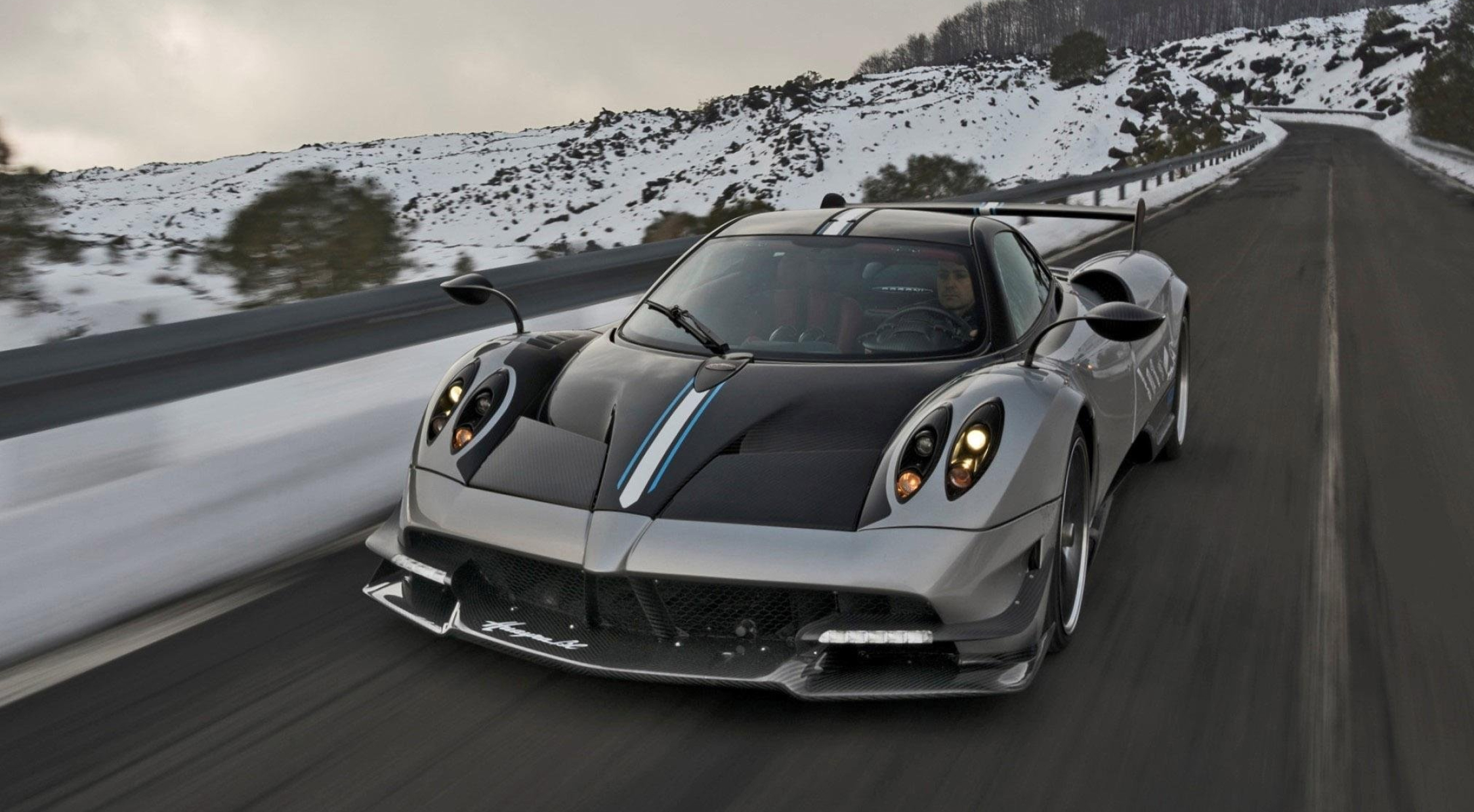 Pagani Huayra BC, Snowy mountain road, Carbon fiber front splitter, HD Desktop wallpaper