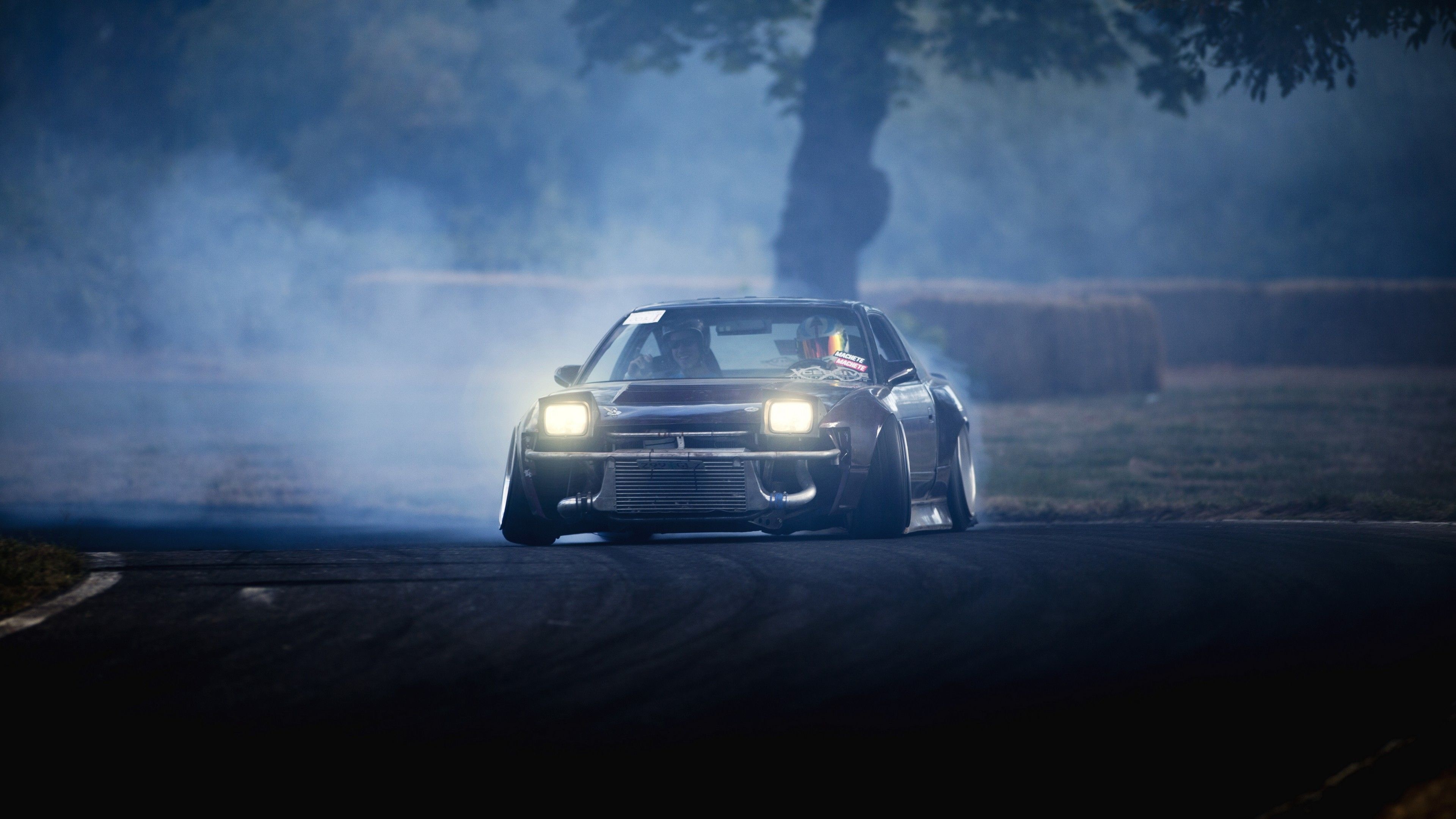 Nissan S13 drift car, exposed front-mount intercooler, billowing tire smoke, 4K Desktop wallpaper