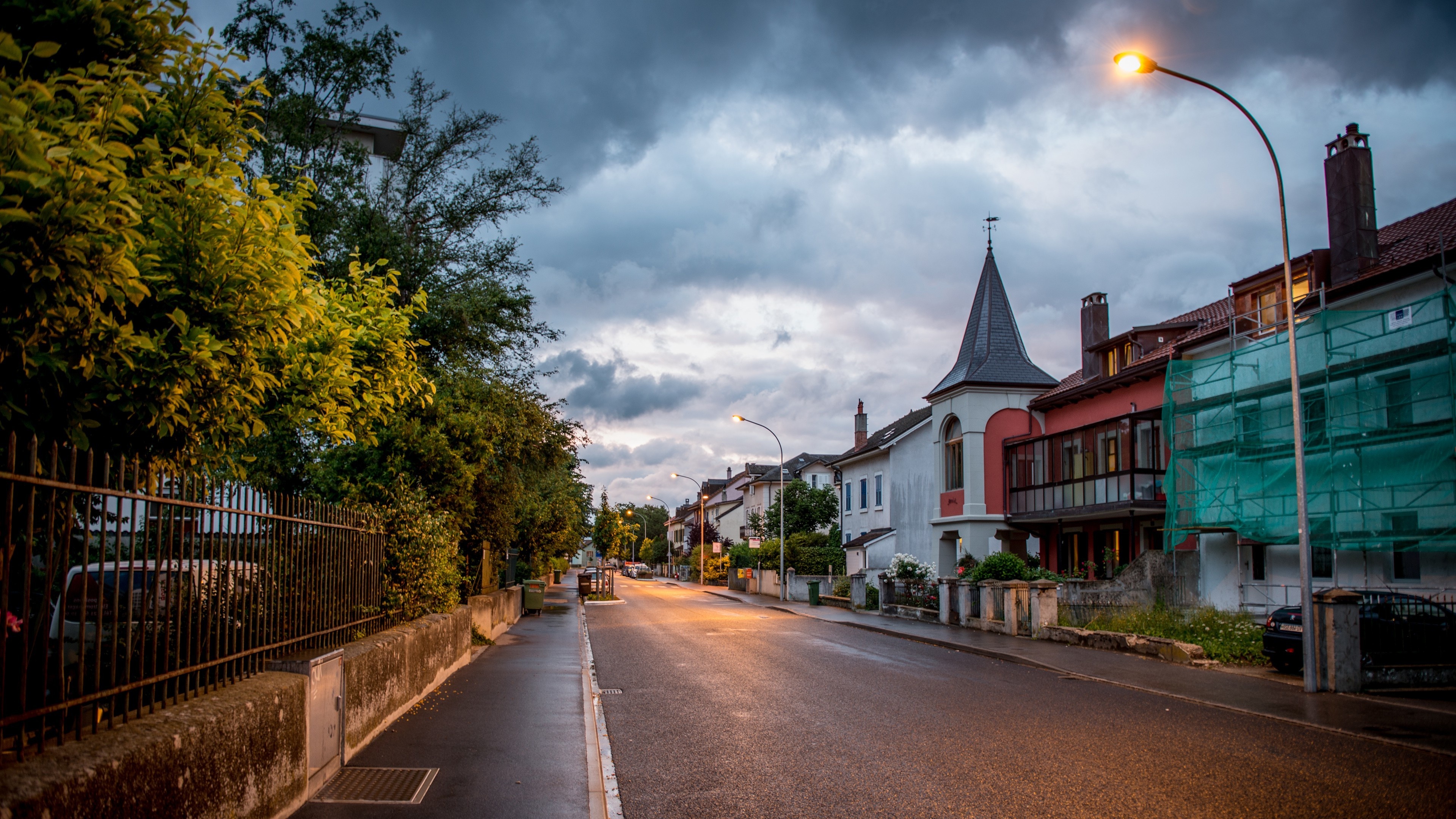 Trees city street, Cityscape night, Road clouds, 3840x2160 4K Desktop
