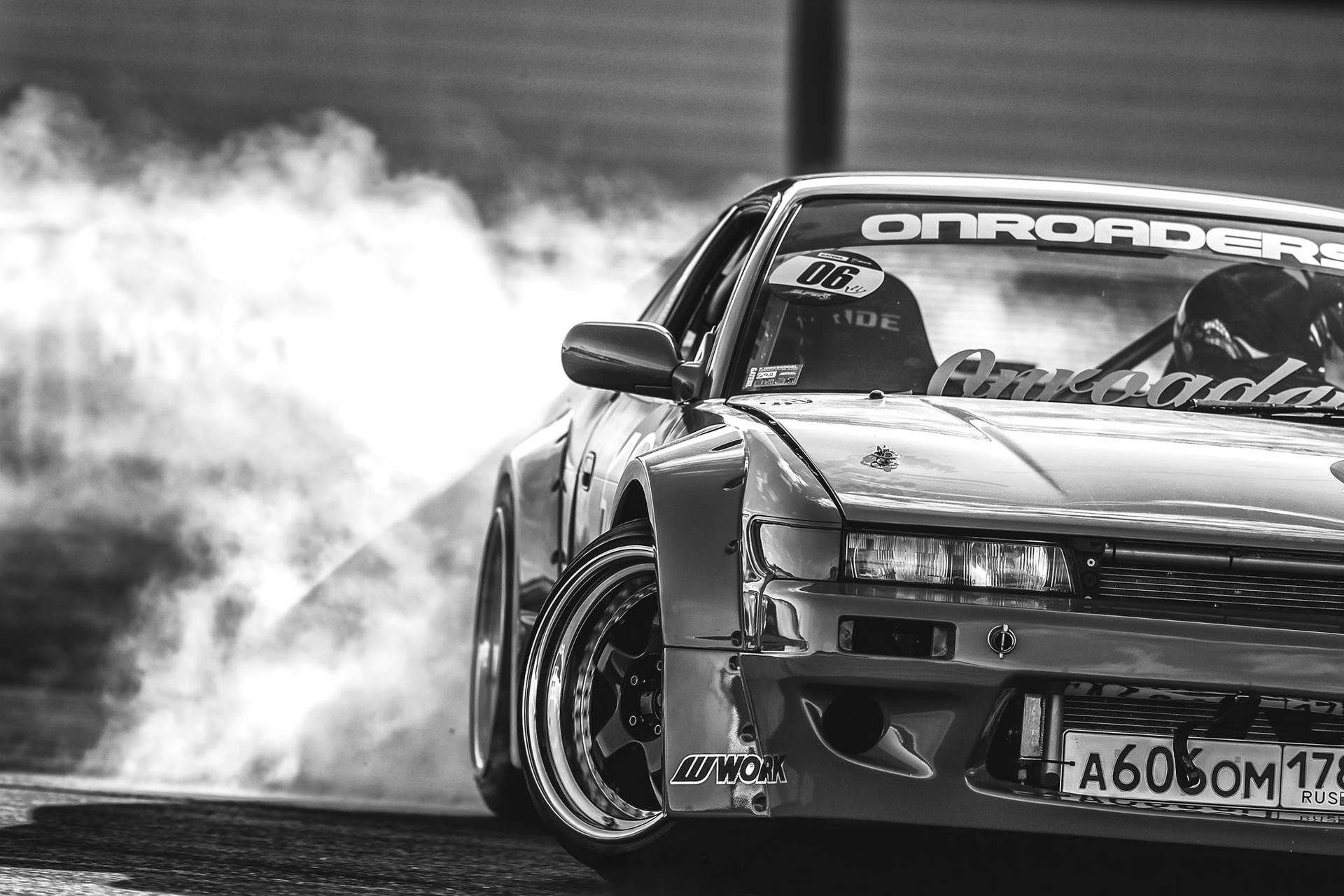 Nissan Silvia S13, drifting tire smoke, ONROADERS windshield banner, HD Desktop wallpaper