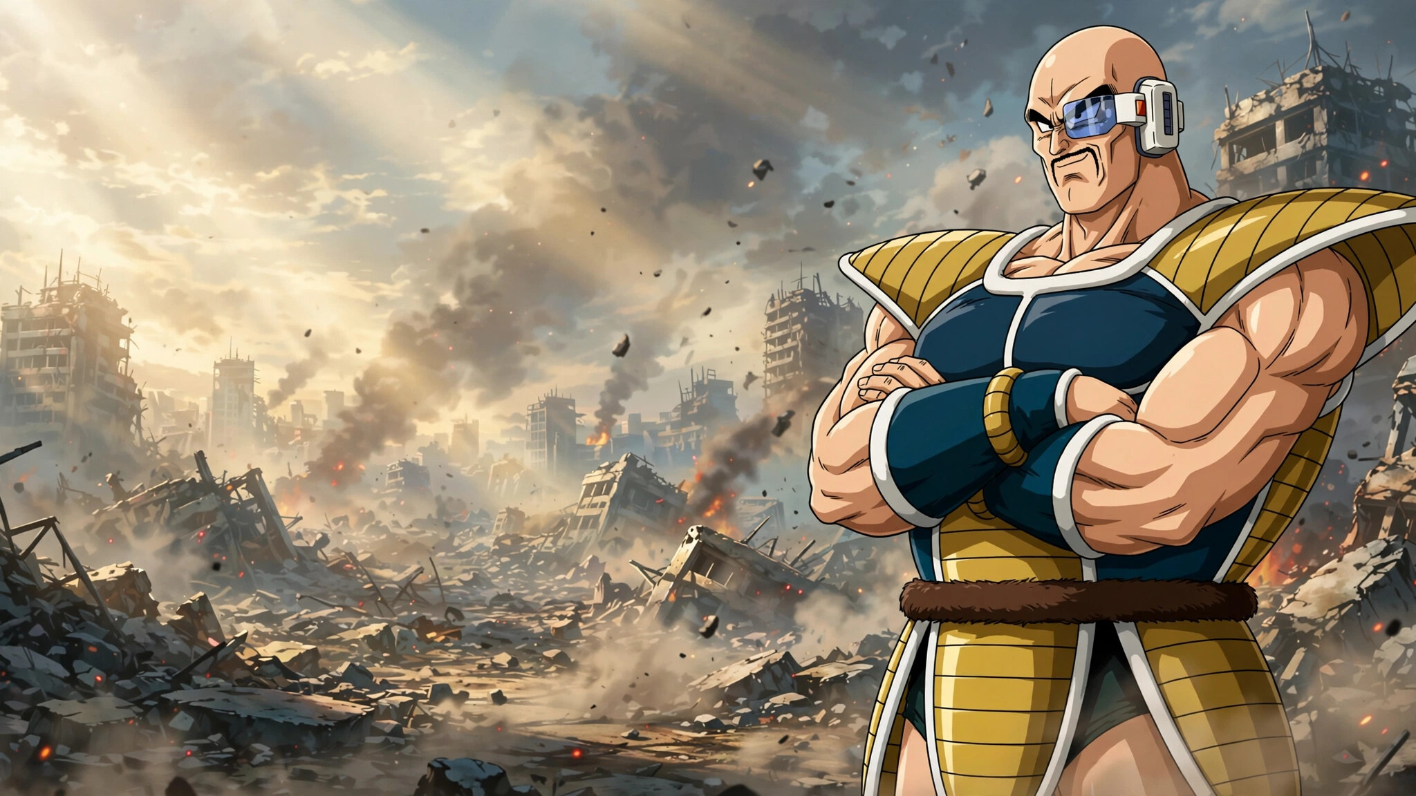 Nappa, Saiyan battle armor, Blue scouter, Shoulder pads, Ruined city, Dust and embers, Dragon Ball Z, HD Desktop wallpaper
