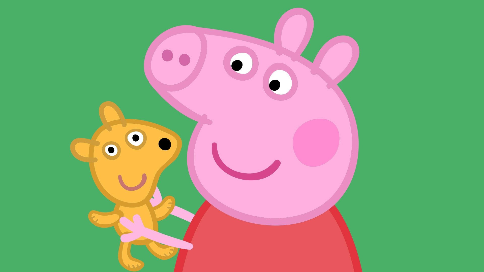 Peppa Pig, Teddy the bear, Plain green background, Full HD Desktop wallpaper