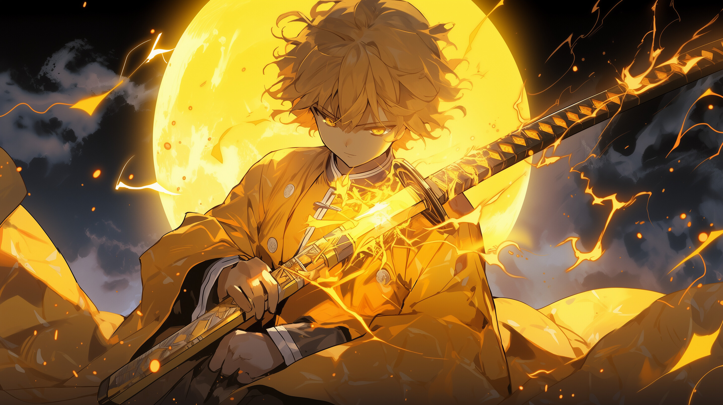 Zenitsu Agatsuma, Demon Slayer, Lightning Katana, Full Moon, HD Computer Wallpaper, 2912x1632
