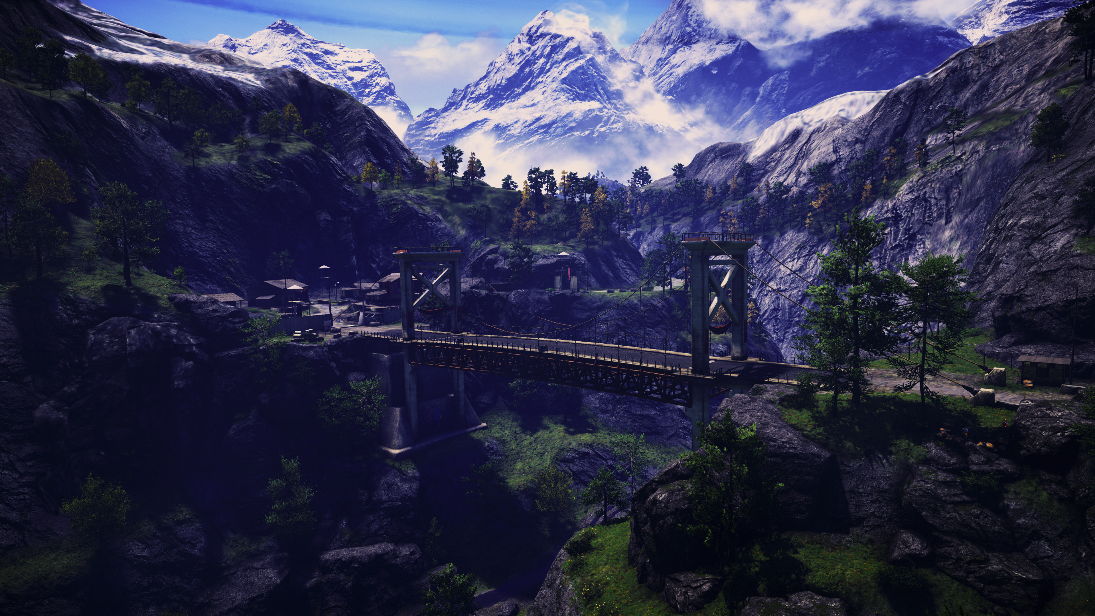 Far Cry 4 Kyrat, Mountain gorge suspension bridge, Snowy Himalayan mountains, 4K Desktop wallpaper