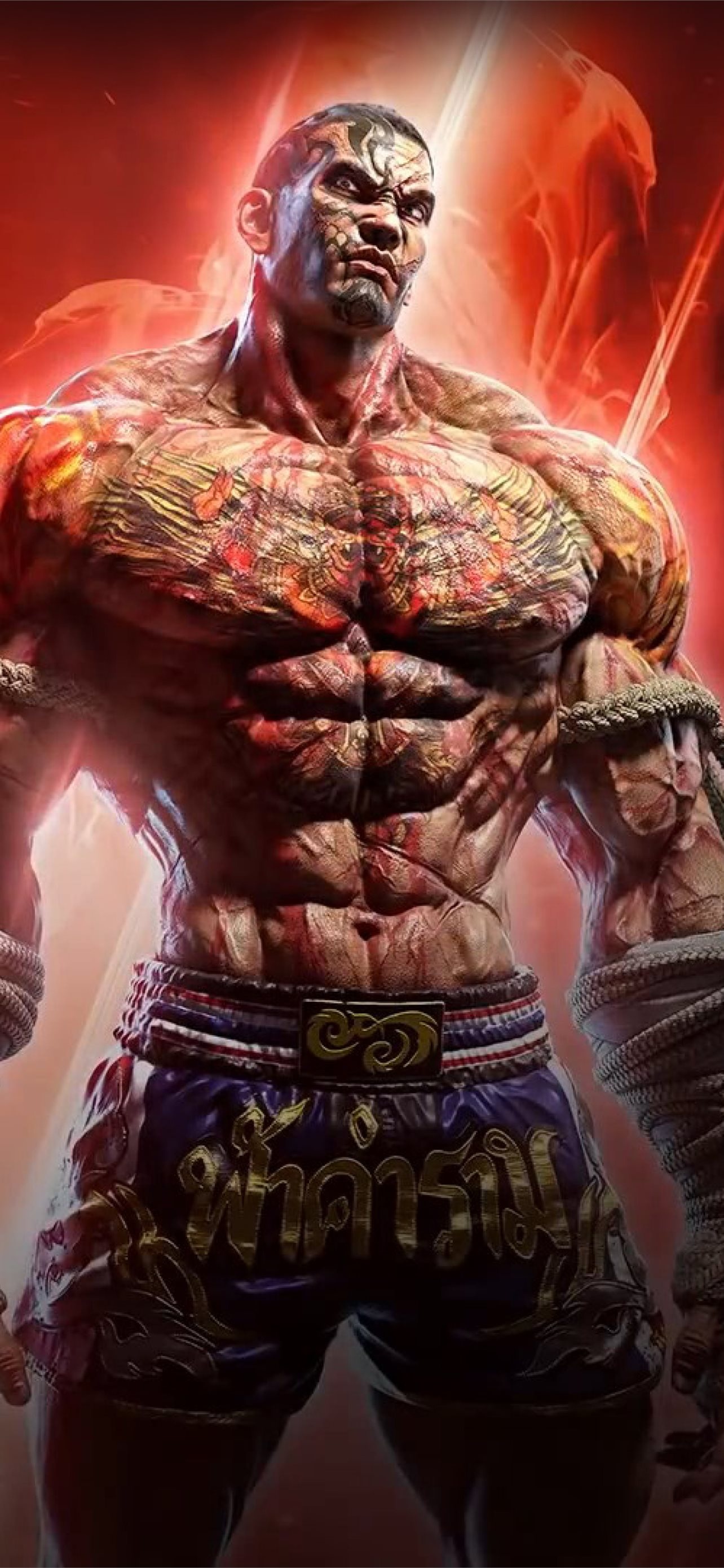 Fahkumram, Muay Thai shorts, glowing red energy aura, HD Phone wallpaper