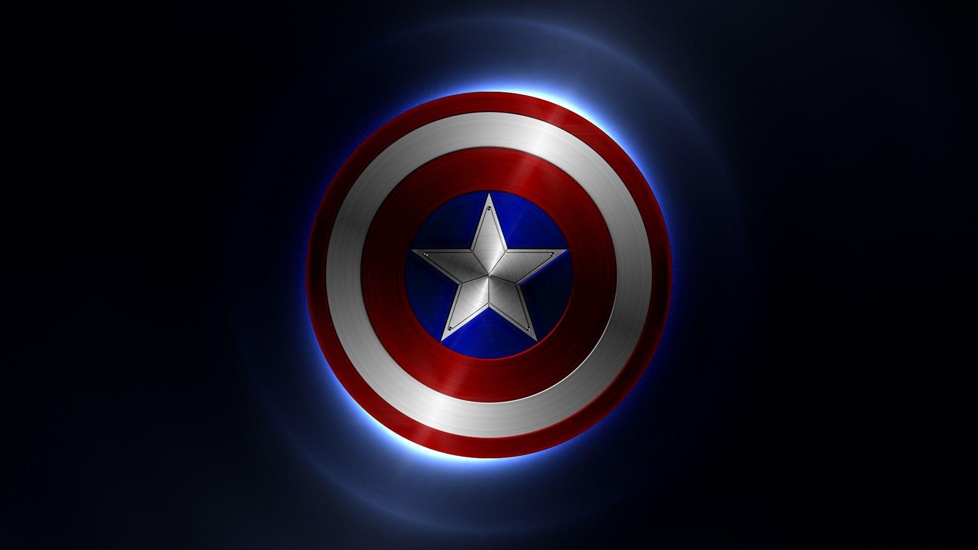 Captain America shield, silver five-pointed star, blue glowing backlight, Full HD Desktop wallpaper