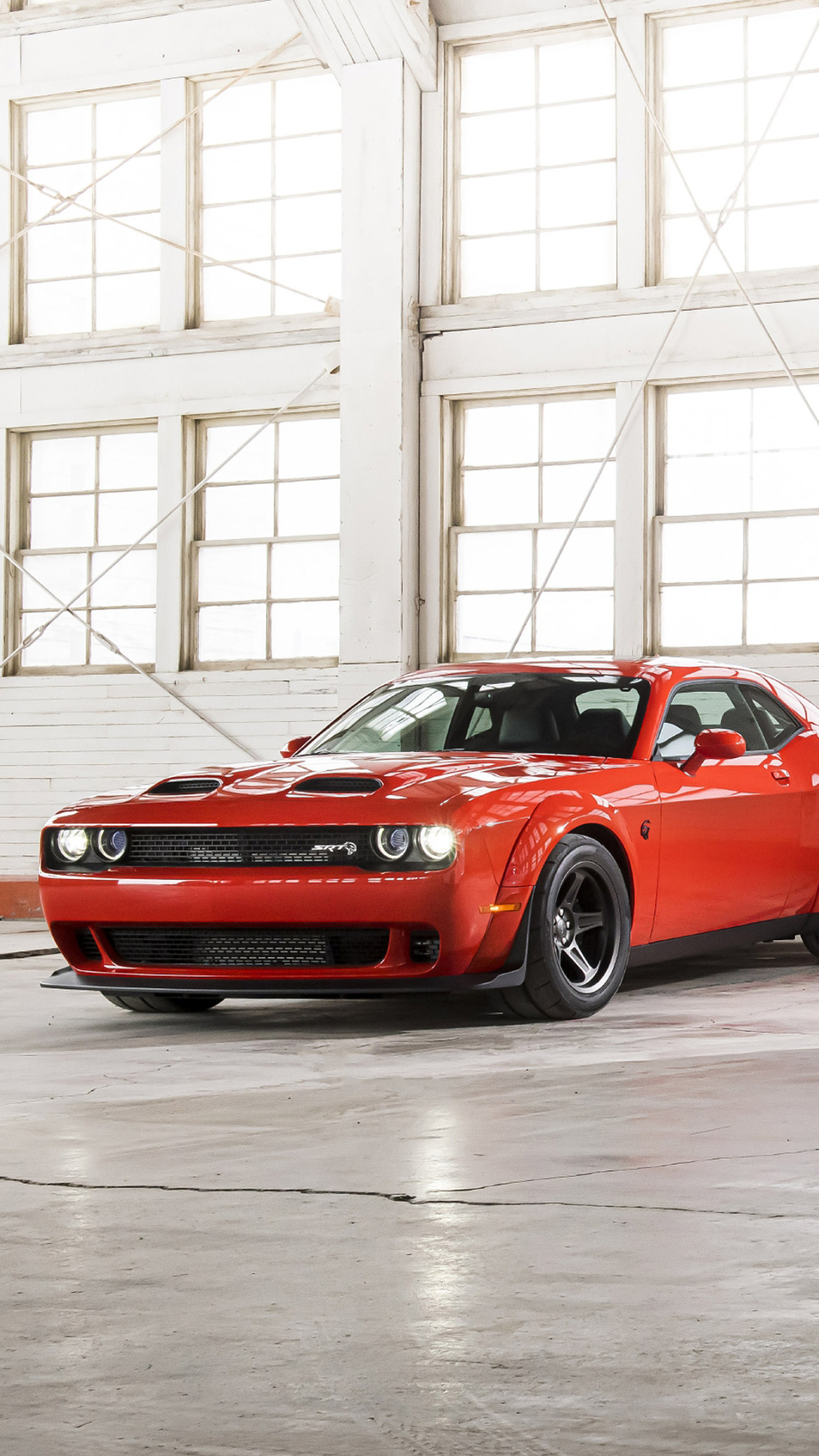 Dodge Challenger SRT Demon, Industrial warehouse interior, Large multi-pane factory windows, Full HD Phone wallpaper