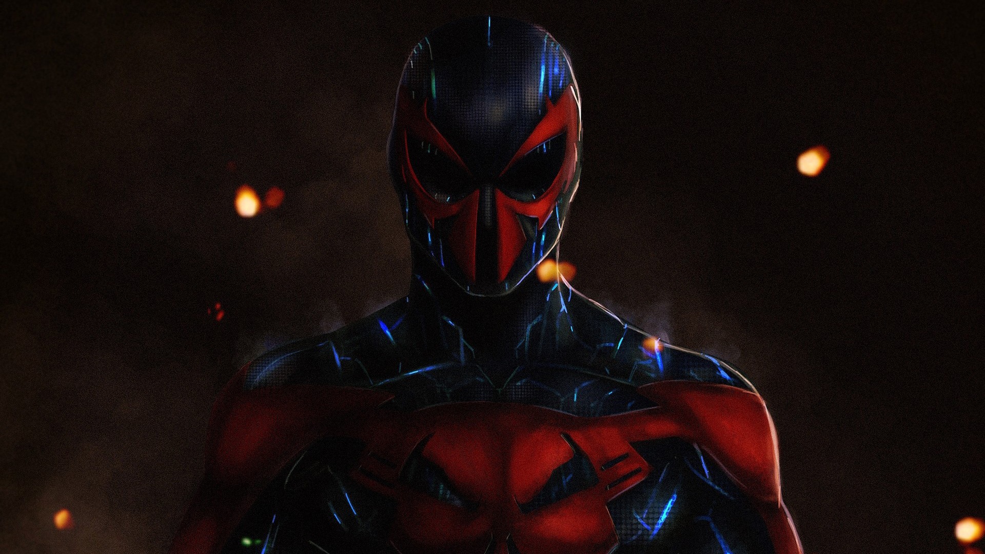 Spider-Man 2099 (Miguel O'Hara), Direct front-facing portrait, Floating orange embers, Dark smoky background, Full HD Desktop wallpaper