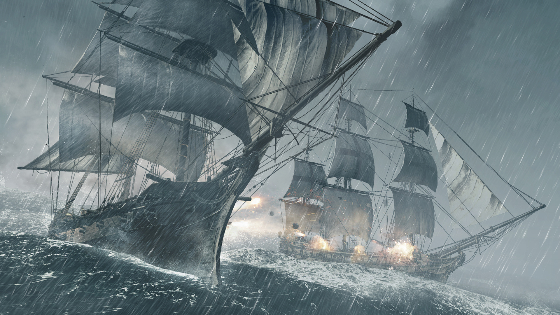 Assassin's Creed IV: Black Flag, Jackdaw pirate brig, Stormy naval battle, Full HD Desktop wallpaper