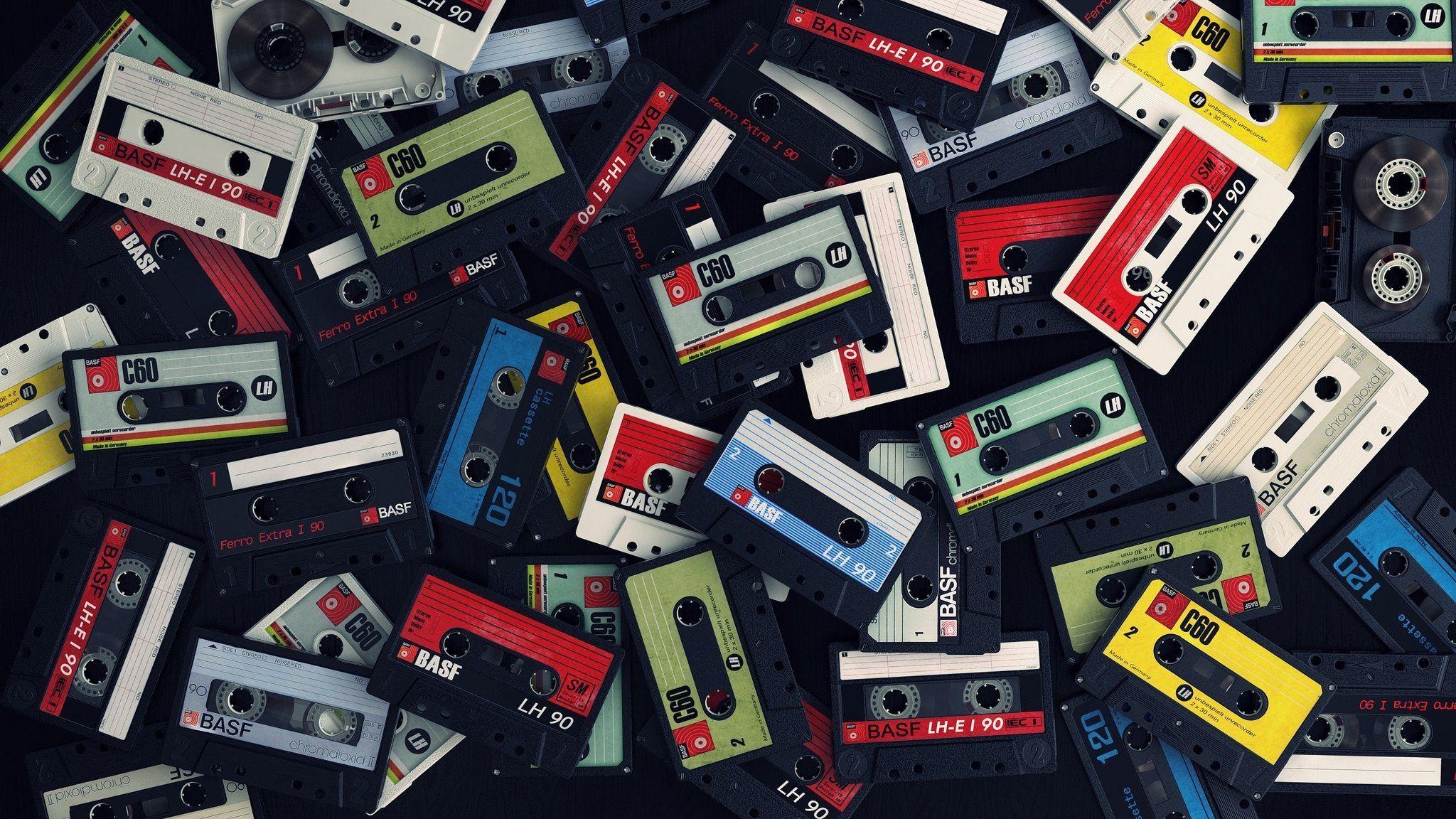 BASF audio cassette tapes, Vintage compact cassette collage, Analog magnetic tape media, Retro mixtape collection, HD Desktop wallpaper