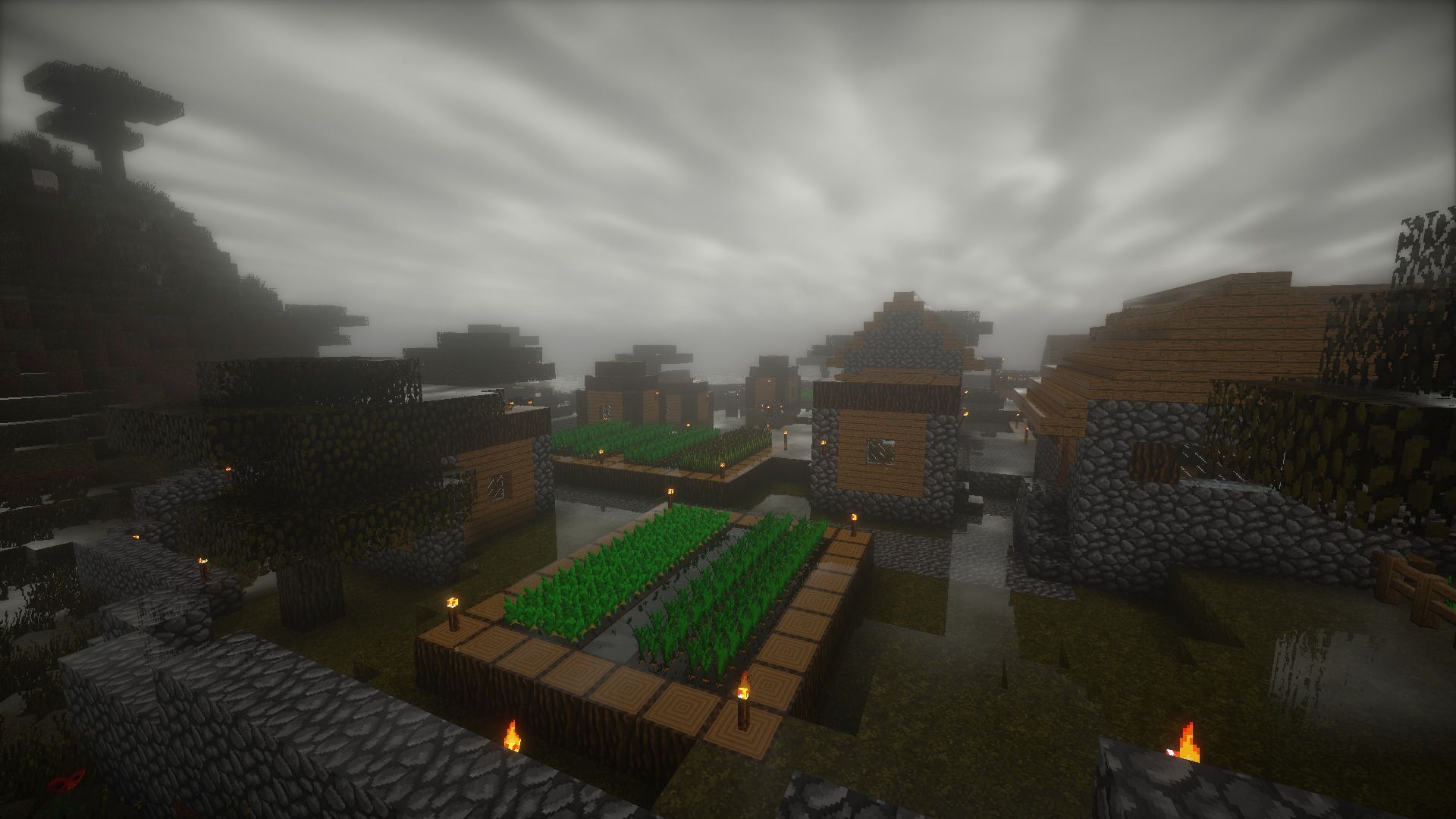 Minecraft plains village, Minecraft crop farm, foggy shader sky, Full HD Desktop wallpaper
