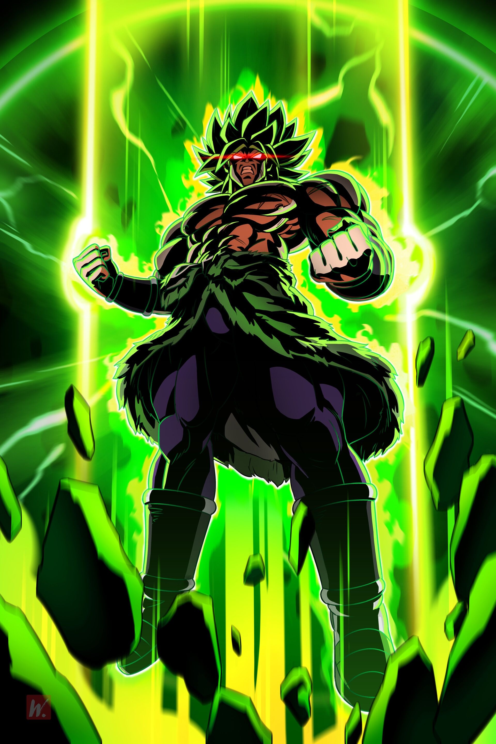 Wrath State Broly, green ki aura, floating shattered rocks, HD Phone wallpaper