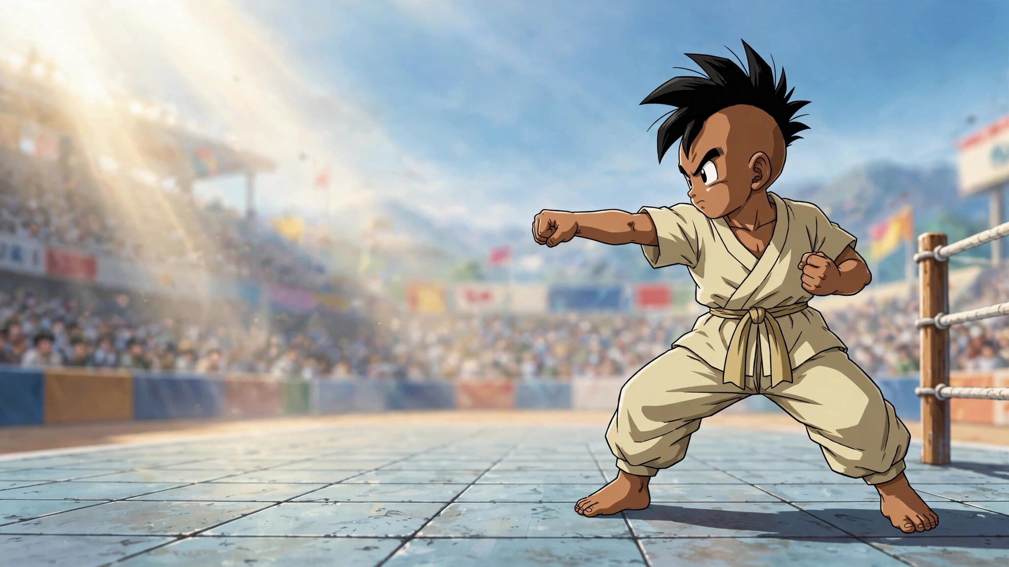 Uub, Beige training clothes, Fighting stance, World Martial Arts Tournament ring, Crowd behind, Dragon Ball Z, HD Desktop wallpaper