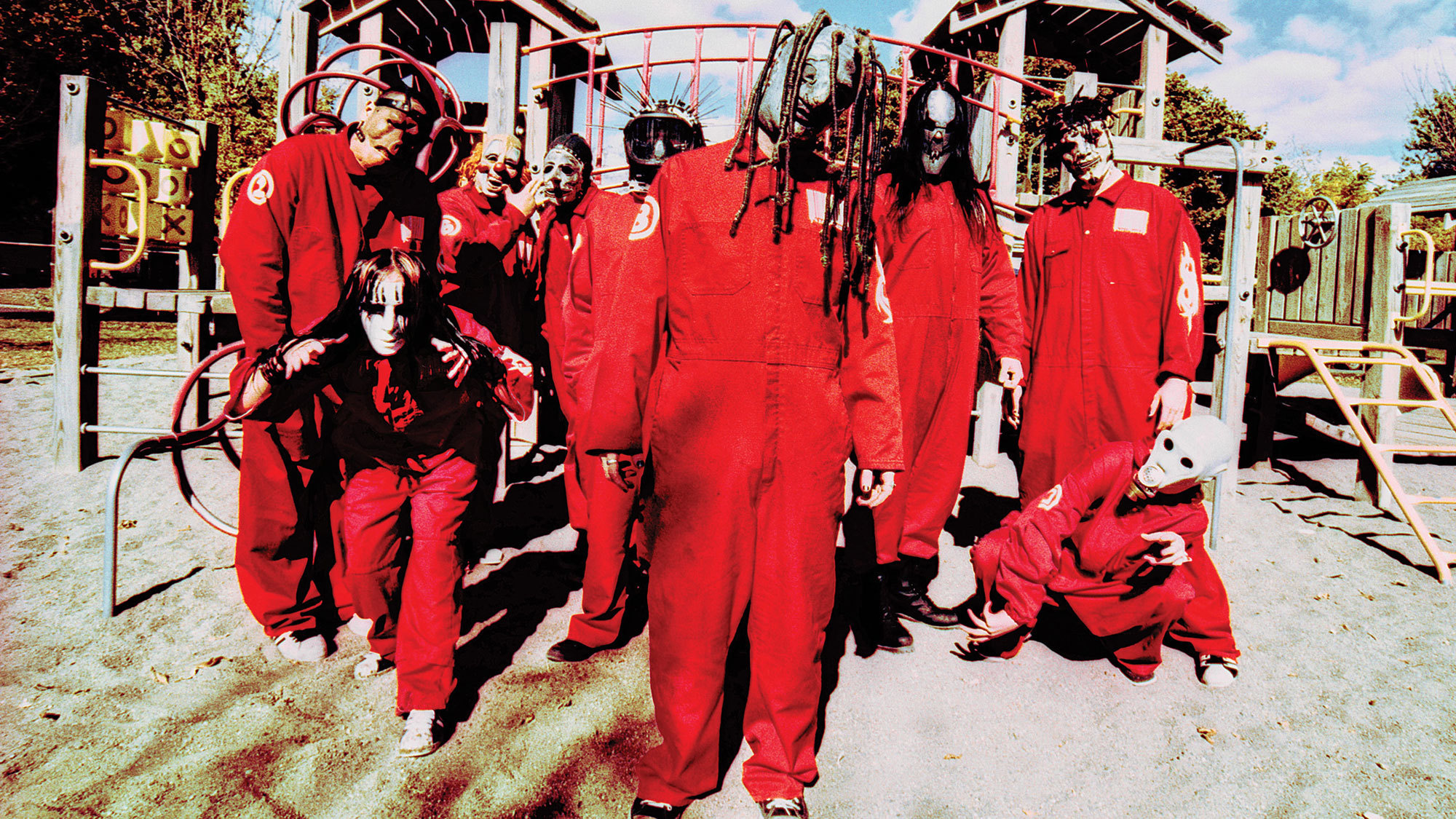 Slipknot, Corey Taylor, red jumpsuits, children playground, HD Desktop wallpaper