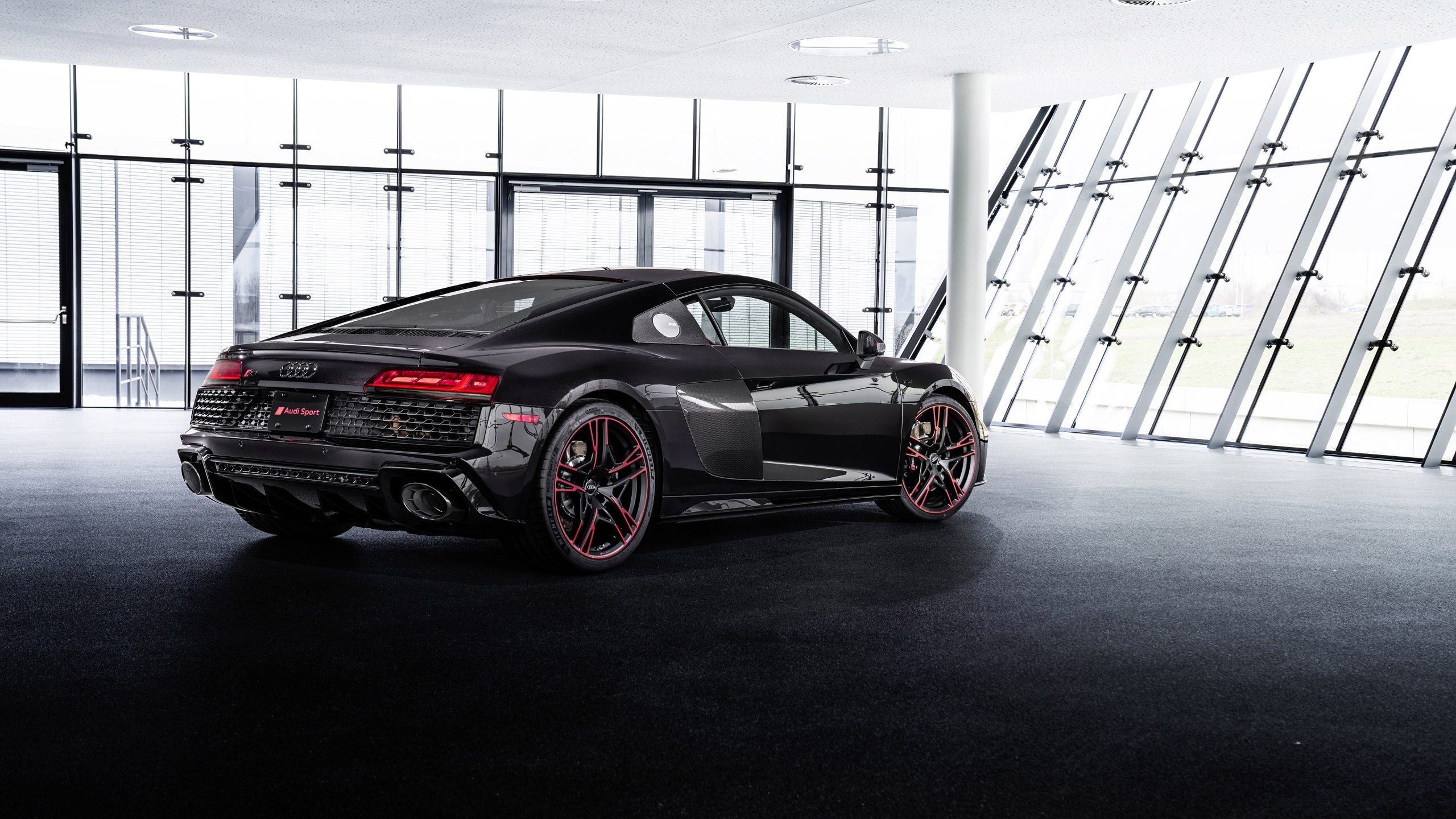 Audi R8 Panther Edition, Audi Sport plate, modern glass showroom interior, HD Desktop wallpaper
