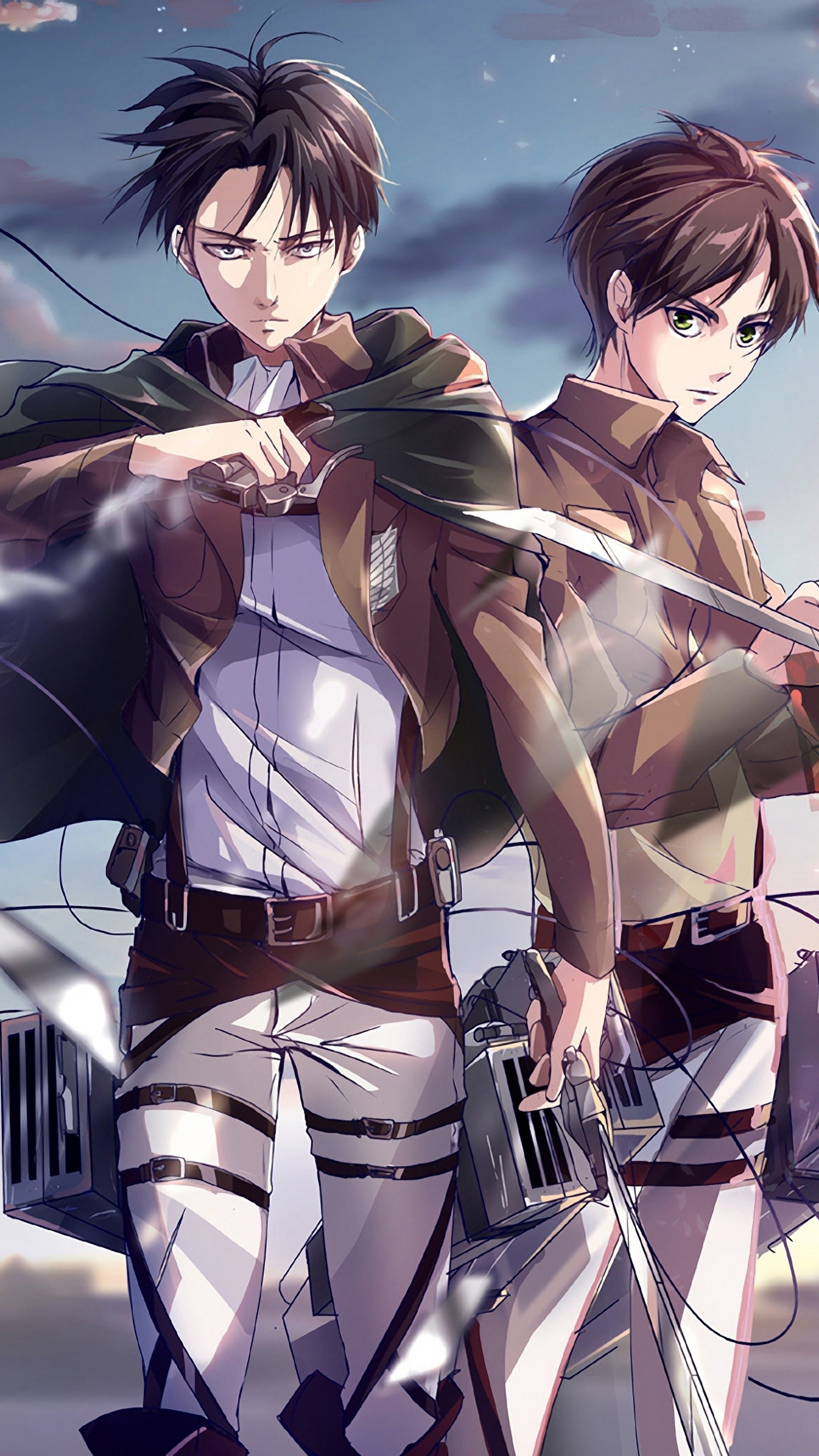 Levi Ackerman, Eren Yeager, Omni-Directional Mobility gear, Survey Corps uniform, 4K Phone wallpaper