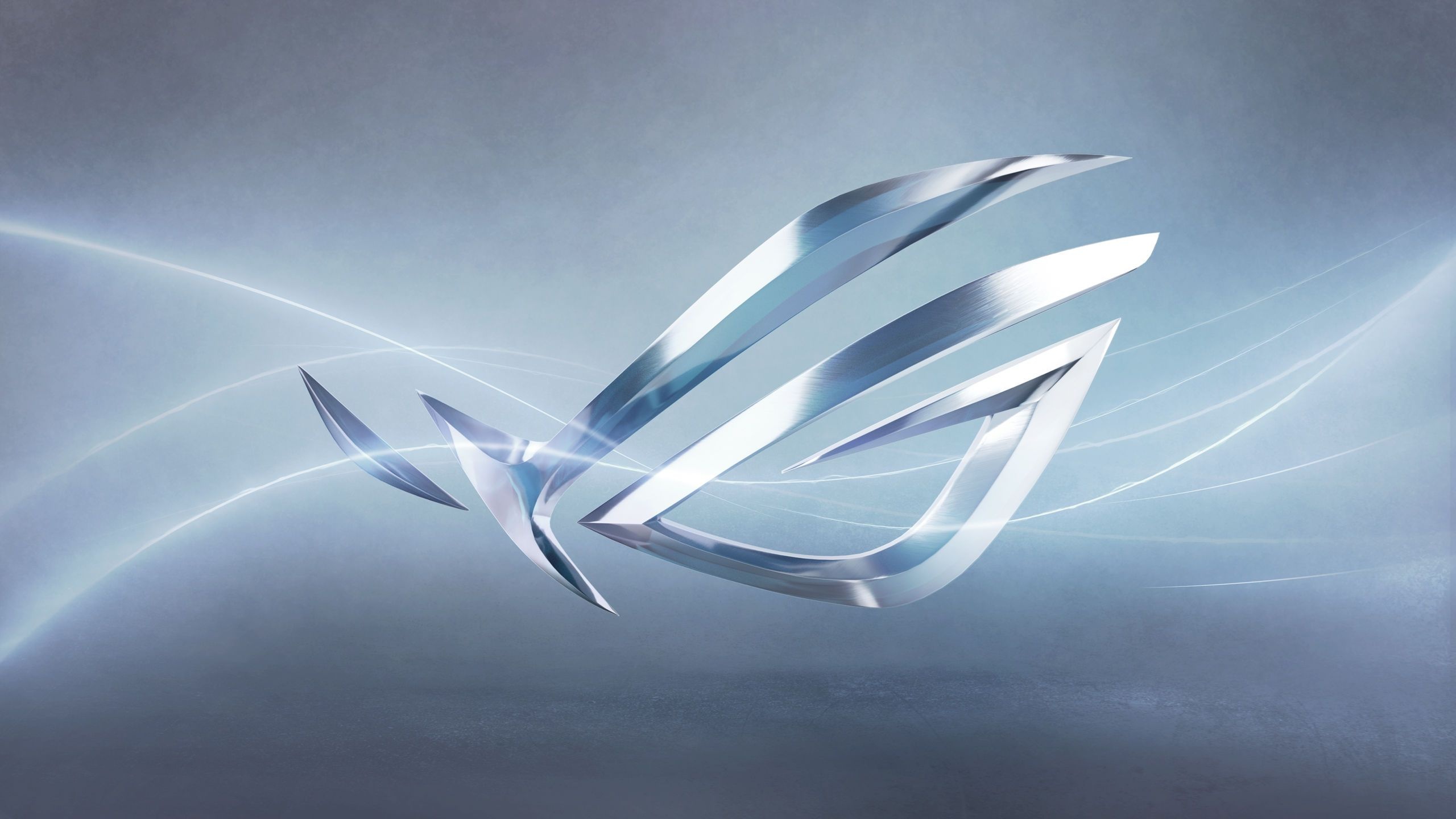 ASUS Republic of Gamers logo, Chrome sculpted emblem, Pale blue flowing light lines, HD Desktop wallpaper