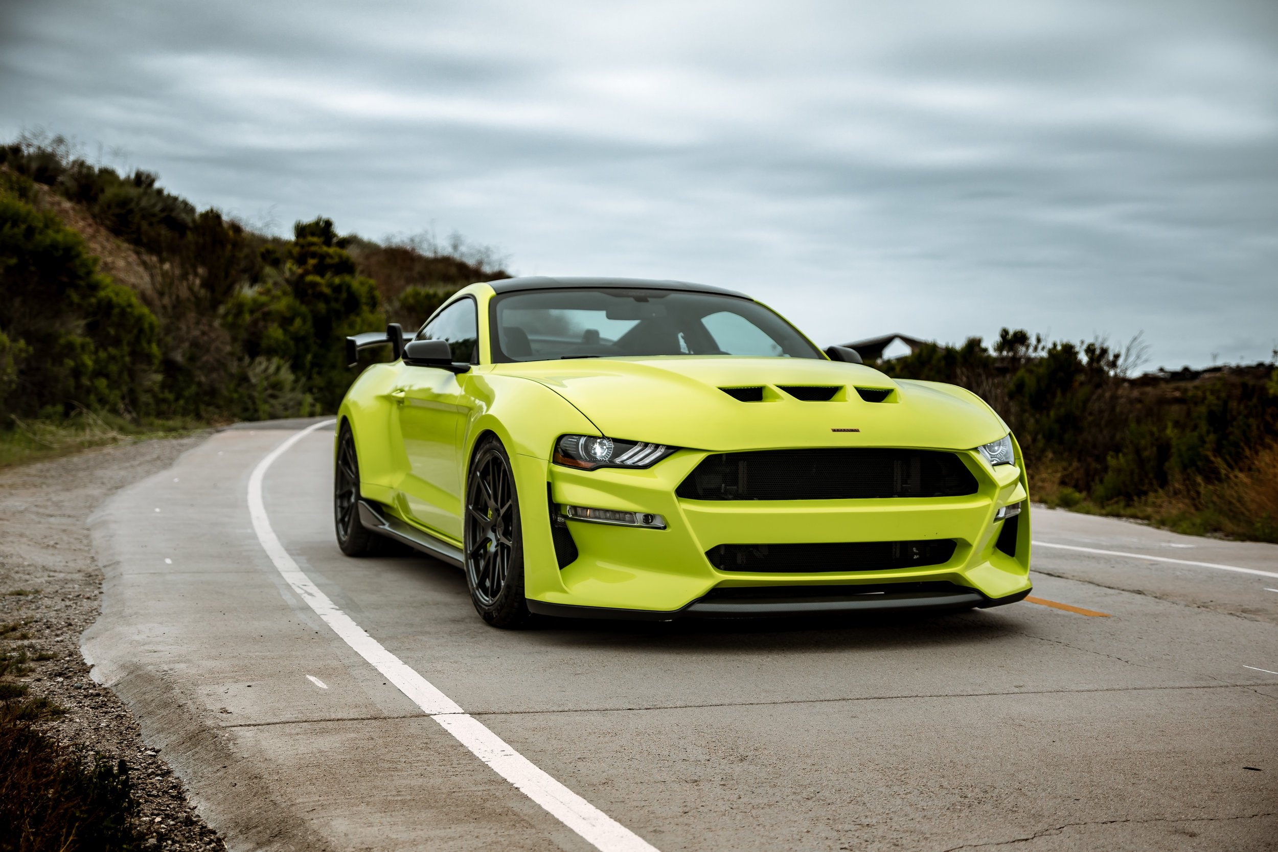 Custom Ford Mustang GT, Winding coastal road, Overcast cloudy sky, HD Desktop wallpaper