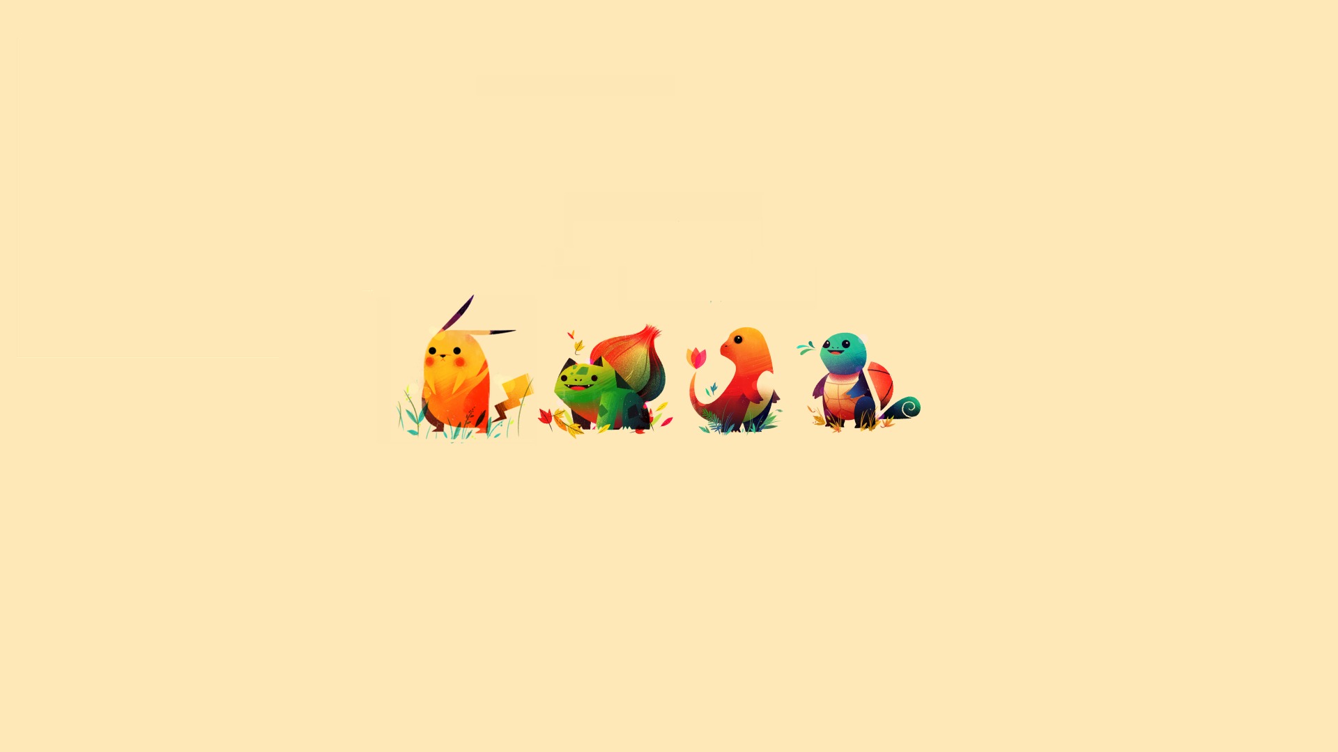 Pikachu, Bulbasaur, Charmander, Squirtle, Kanto, Cream flat background, Full HD Desktop wallpaper