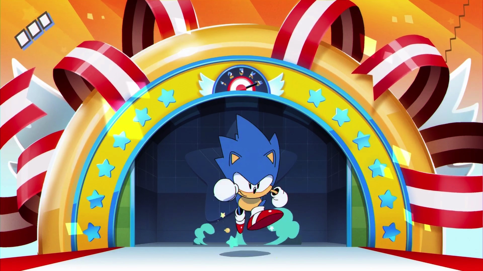 Sonic the Hedgehog skidding, Sonic Mania title archway, Red and white ribbons, Full HD Desktop wallpaper