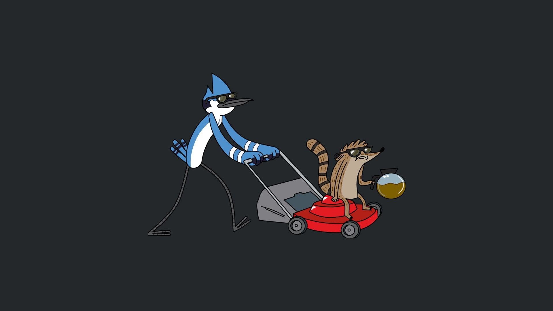 Mordecai pushing red lawn mower, Rigby holding coffee pot, Dark grey minimal backdrop, Regular Show, Full HD Desktop wallpaper