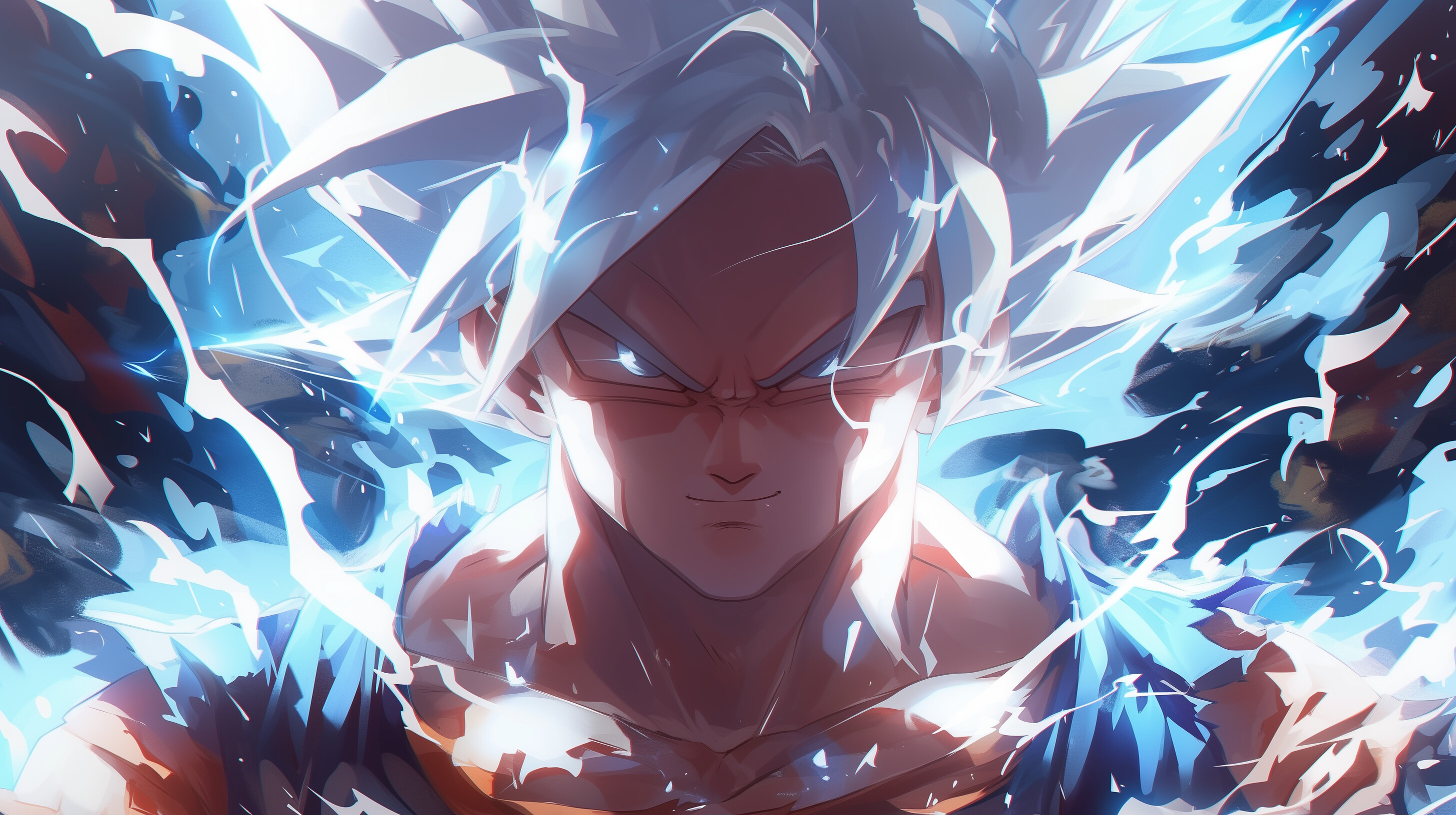 Goku, Ultra Instinct, Silver hair, Blue energy streaks, Close-up portrait, HD Desktop wallpaper