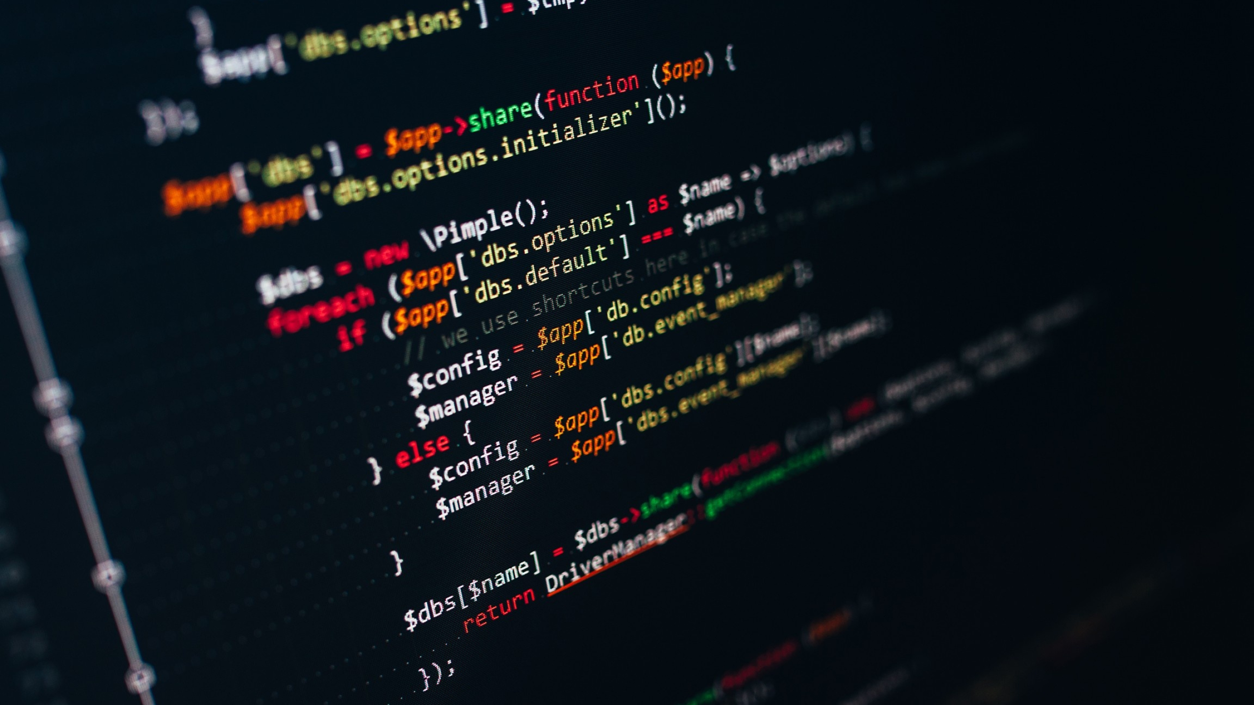 $dbs = new \Pimple(), PHP source code, dark mode code editor, HD Desktop wallpaper