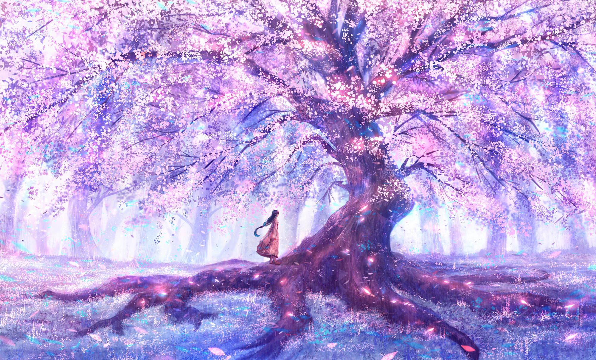 Massive cherry blossom tree, Anime girl standing on roots, Luminous purple blossom forest, HD Desktop wallpaper