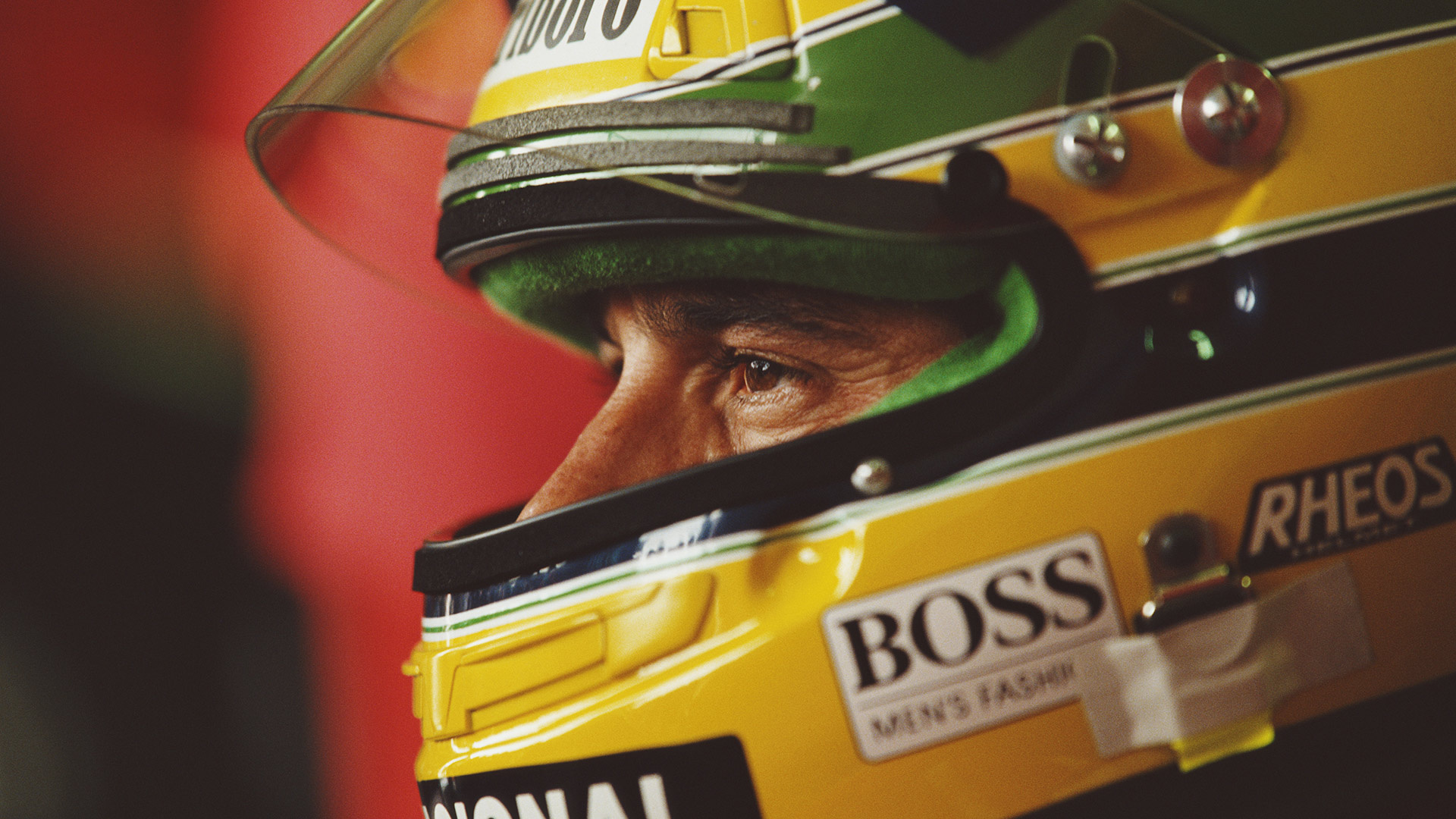 Ayrton Senna, Yellow Rheos racing helmet, Motorsport helmet visor closeup, Full HD Desktop wallpaper