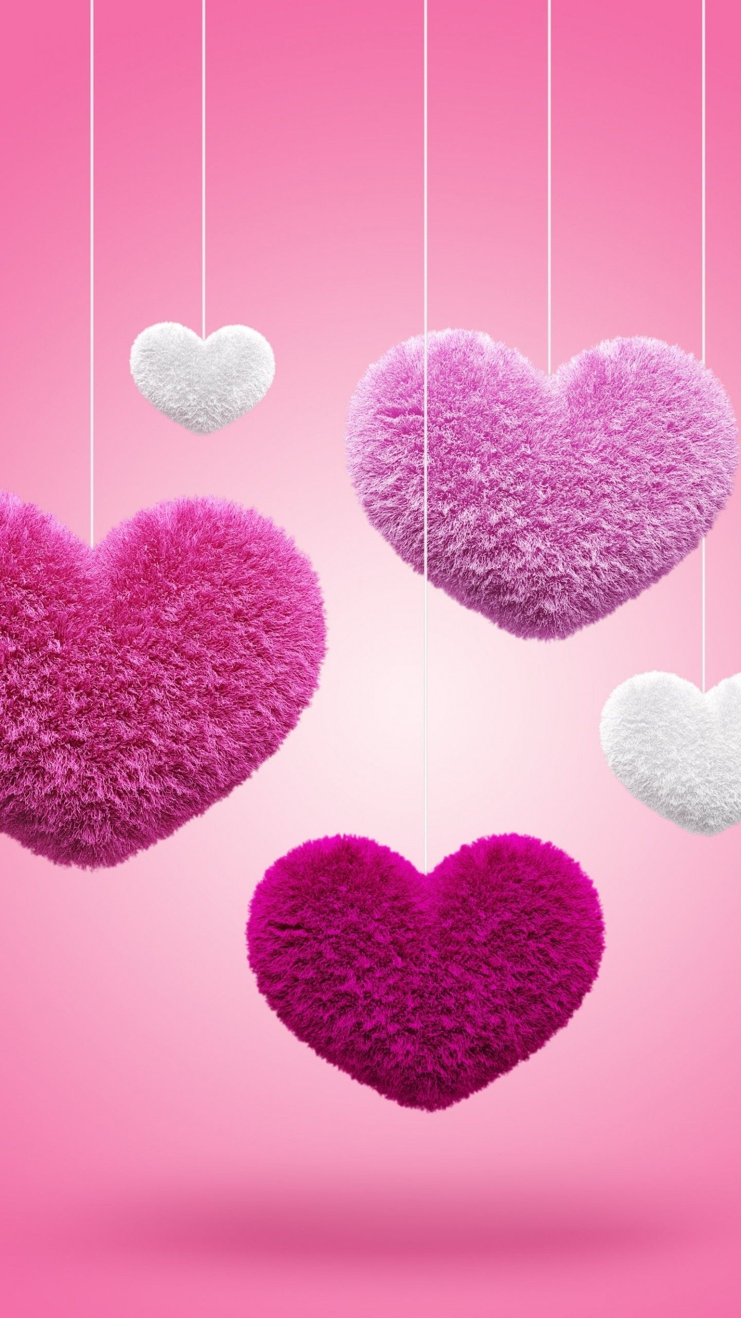 hanging furry pink hearts, white plush hearts, suspended heart decorations, HD Phone wallpaper