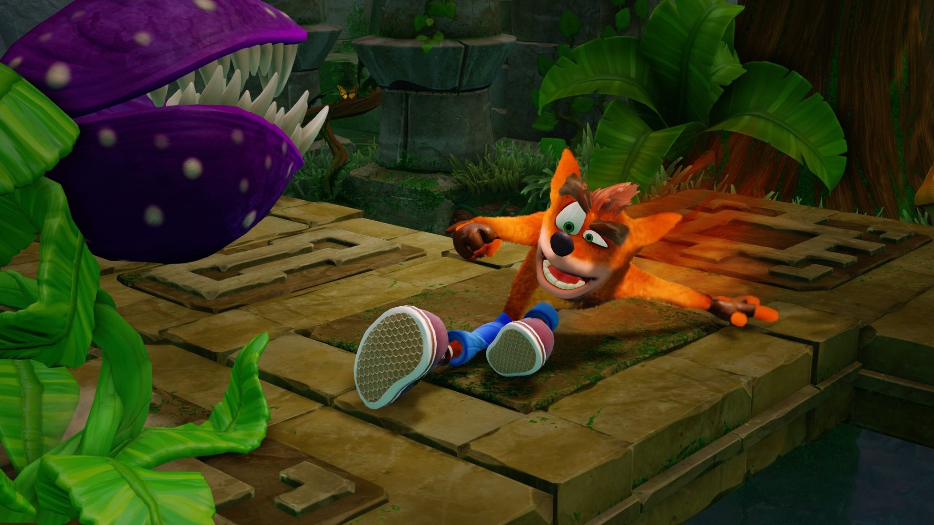 Crash Bandicoot sliding, Carnivorous plant enemy, Jungle ruins stone path, Full HD Desktop wallpaper