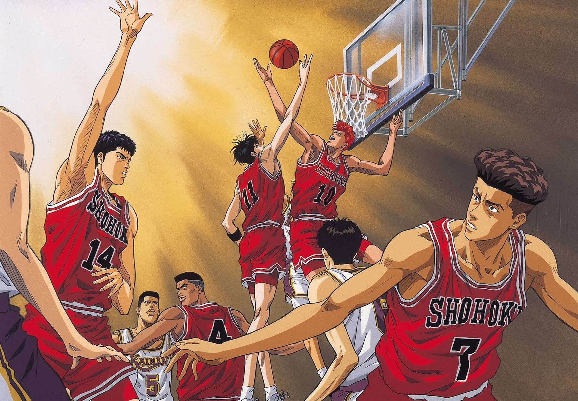 Hanamichi Sakuragi, Ryota Miyagi, Kaede Rukawa, Hisashi Mitsui, Shohoku High School basketball, HD Desktop wallpaper
