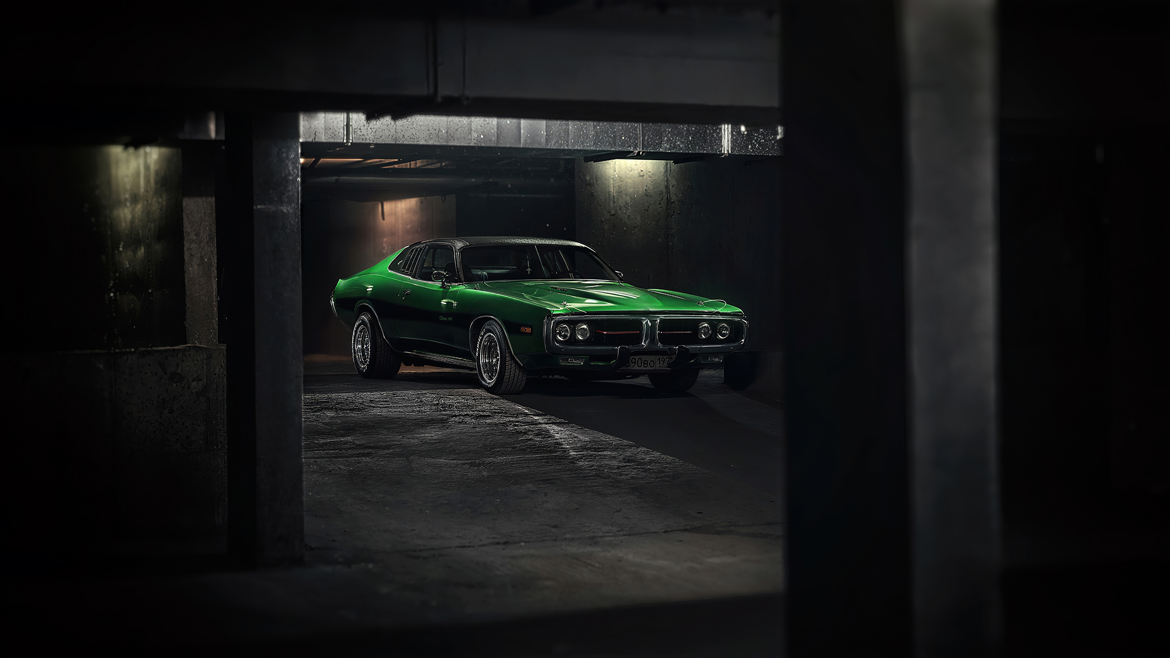 1971 Dodge Charger, underground parking garage, concrete support pillars, 4K Desktop wallpaper