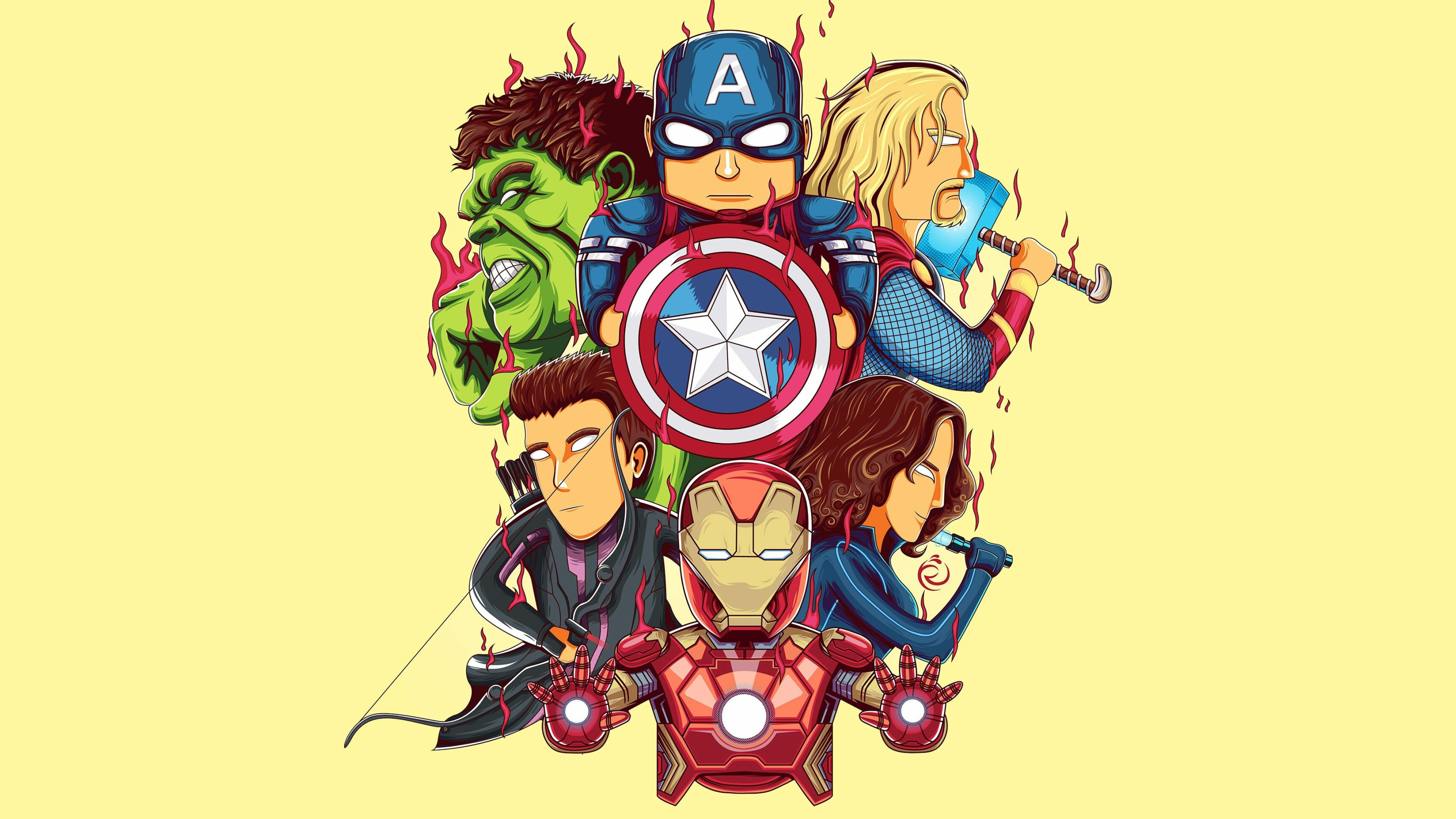 Little Avengers, 4K art, Superheroes wallpapers, Cartoon style, 3840x2160 4K Desktop