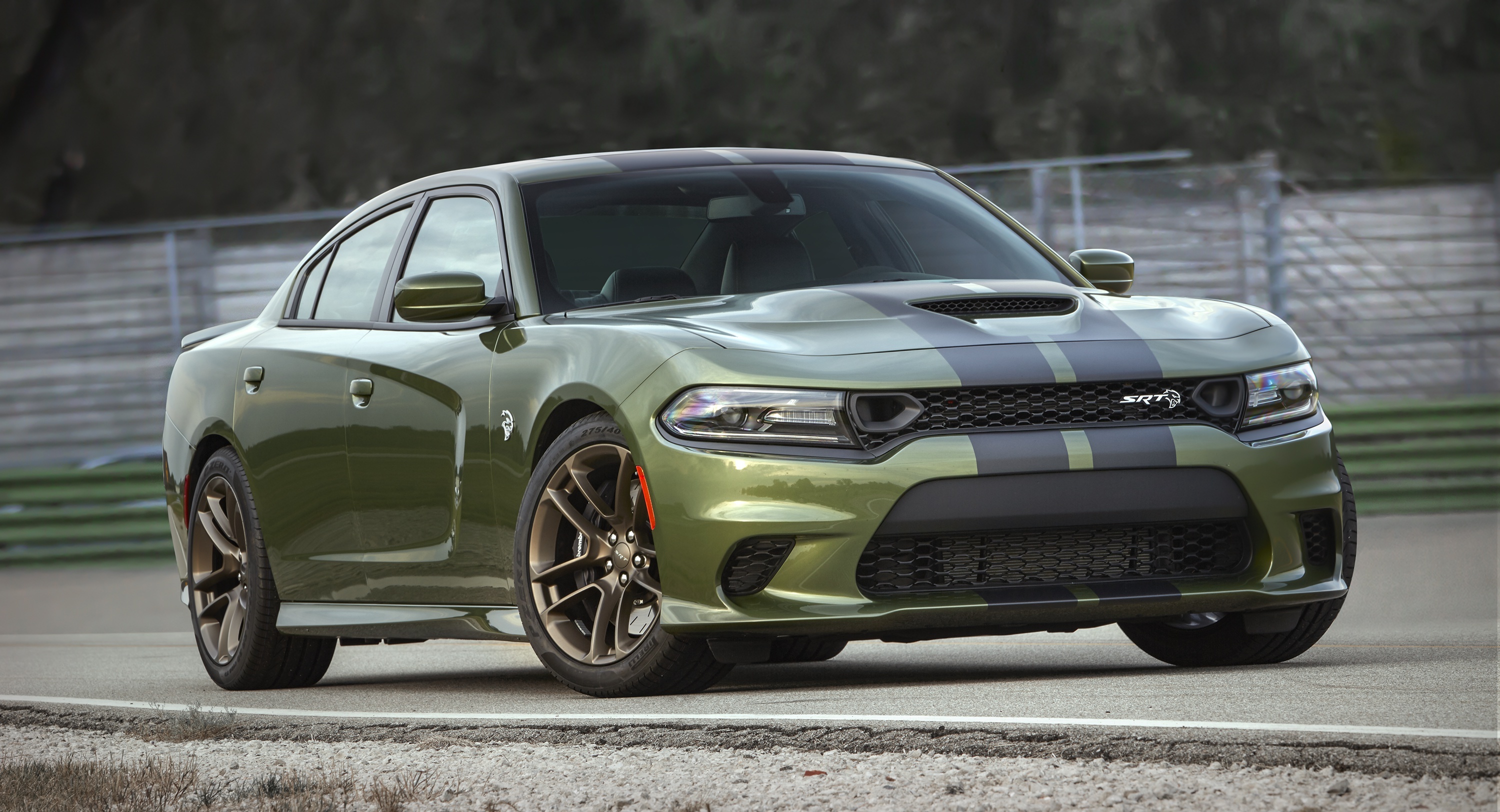 Dodge Charger SRT Hellcat, dual racing stripes, asphalt race track, HD Desktop wallpaper