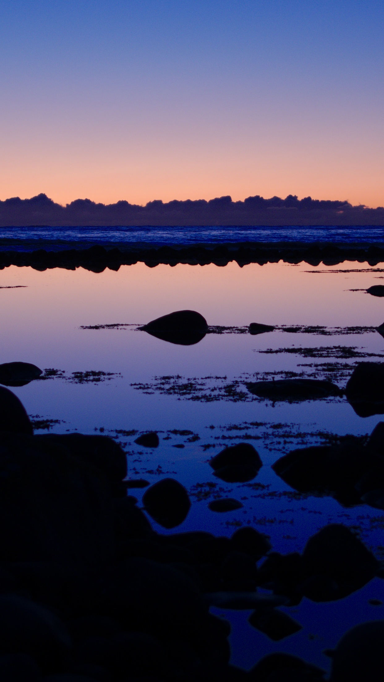 coastal tide pool reflection, silhouetted rocky shoreline, twilight ocean horizon, HD Phone wallpaper