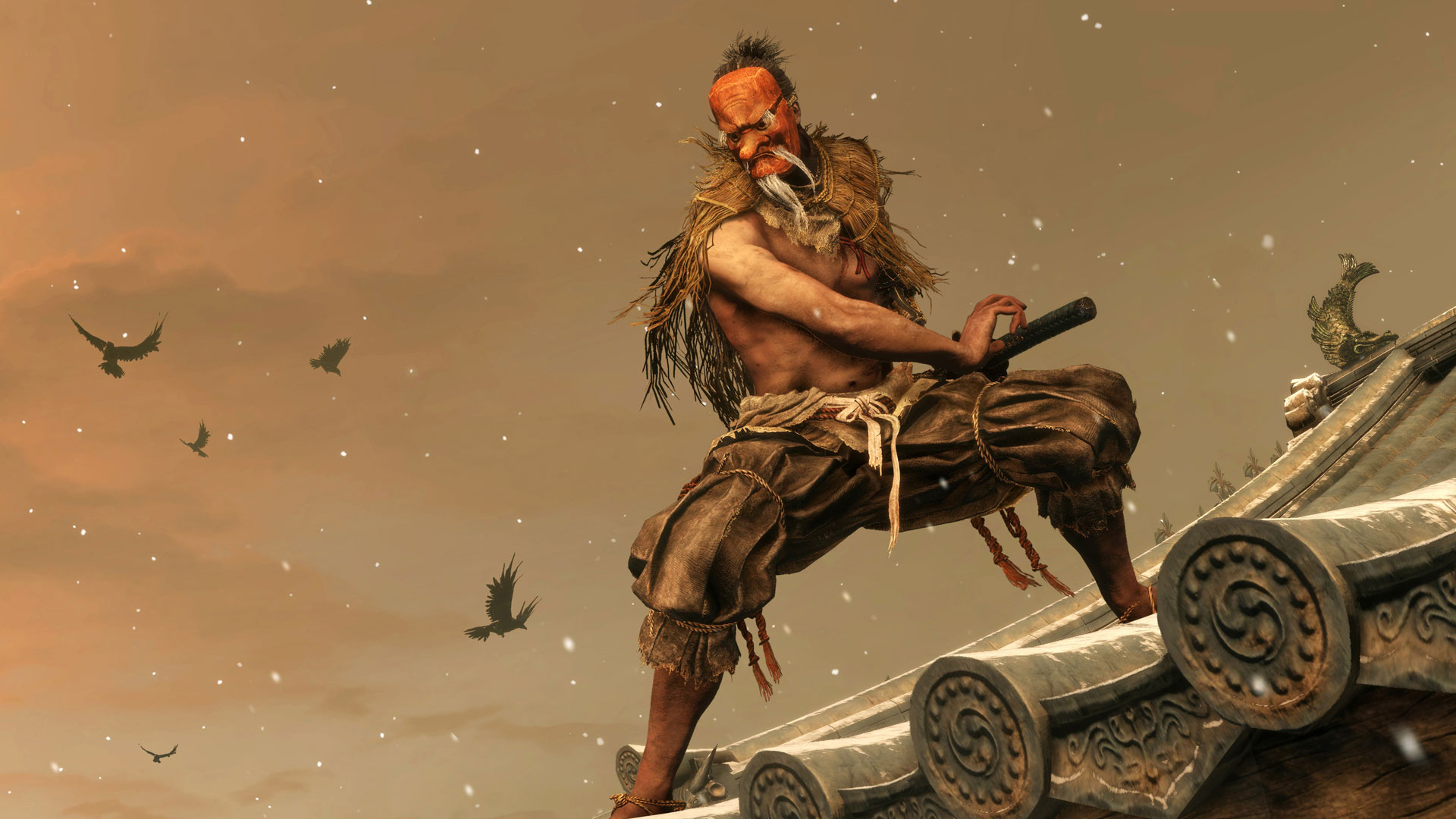 Nightjar Shinobi, Ashina Castle rooftop, Red Tengu mask, Full HD Desktop wallpaper