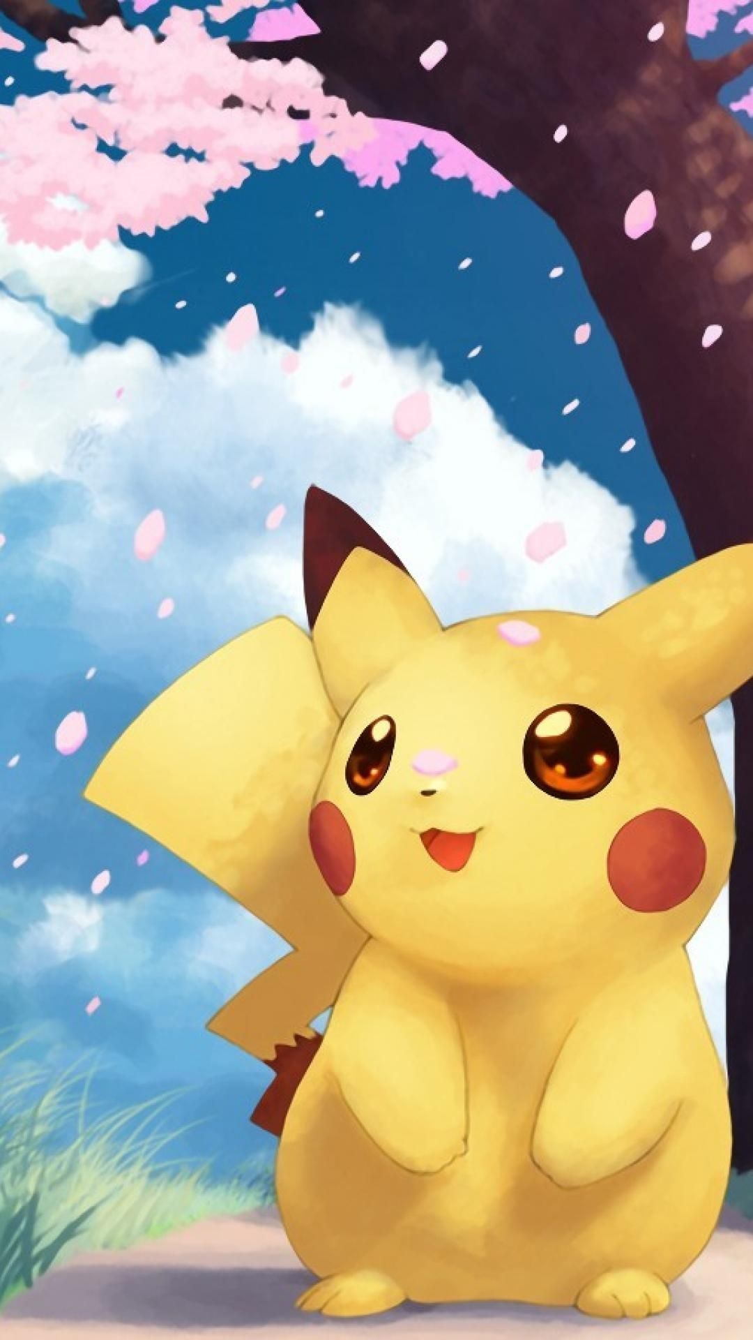 Pikachu, falling cherry blossom petals, sunny blue sky, Full HD Phone wallpaper