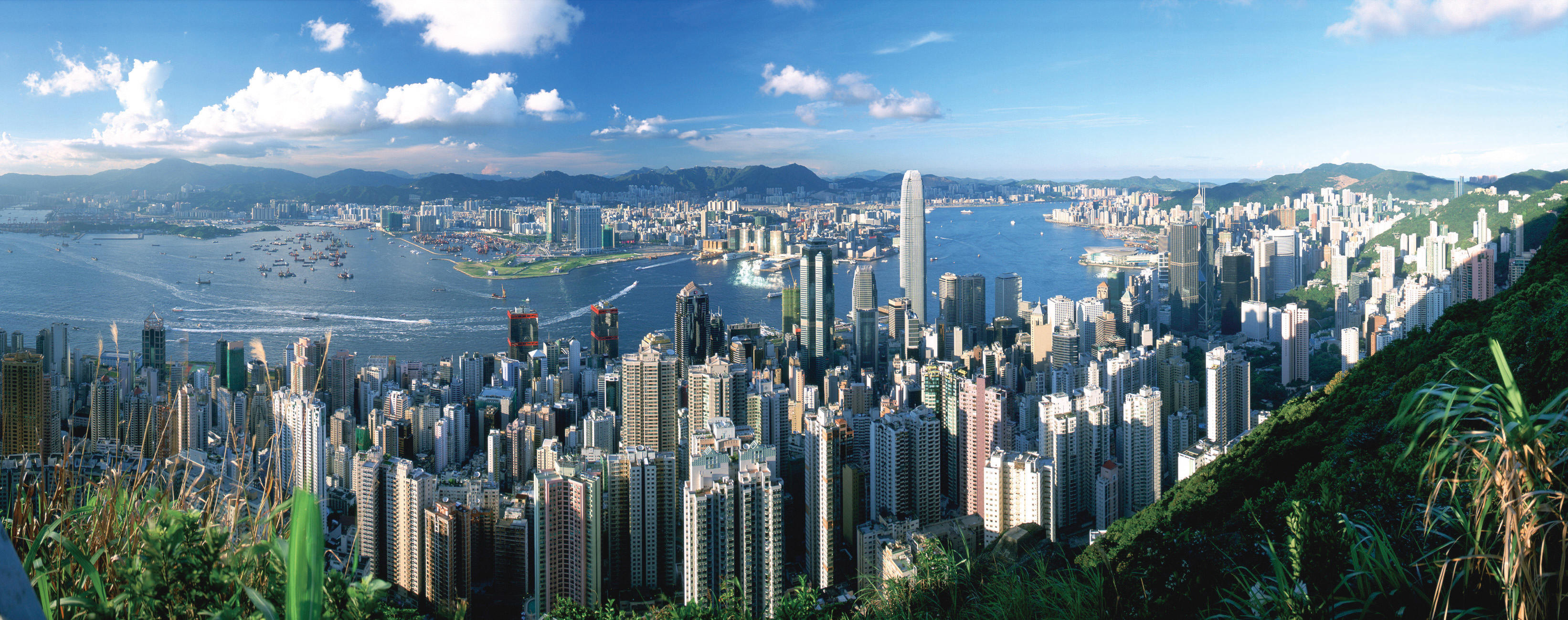 Hong Kong Skyline, Sunset Hong Kong, Hong Kong skyline, Skyline at sunset, 3290x1300 Dual Screen Desktop