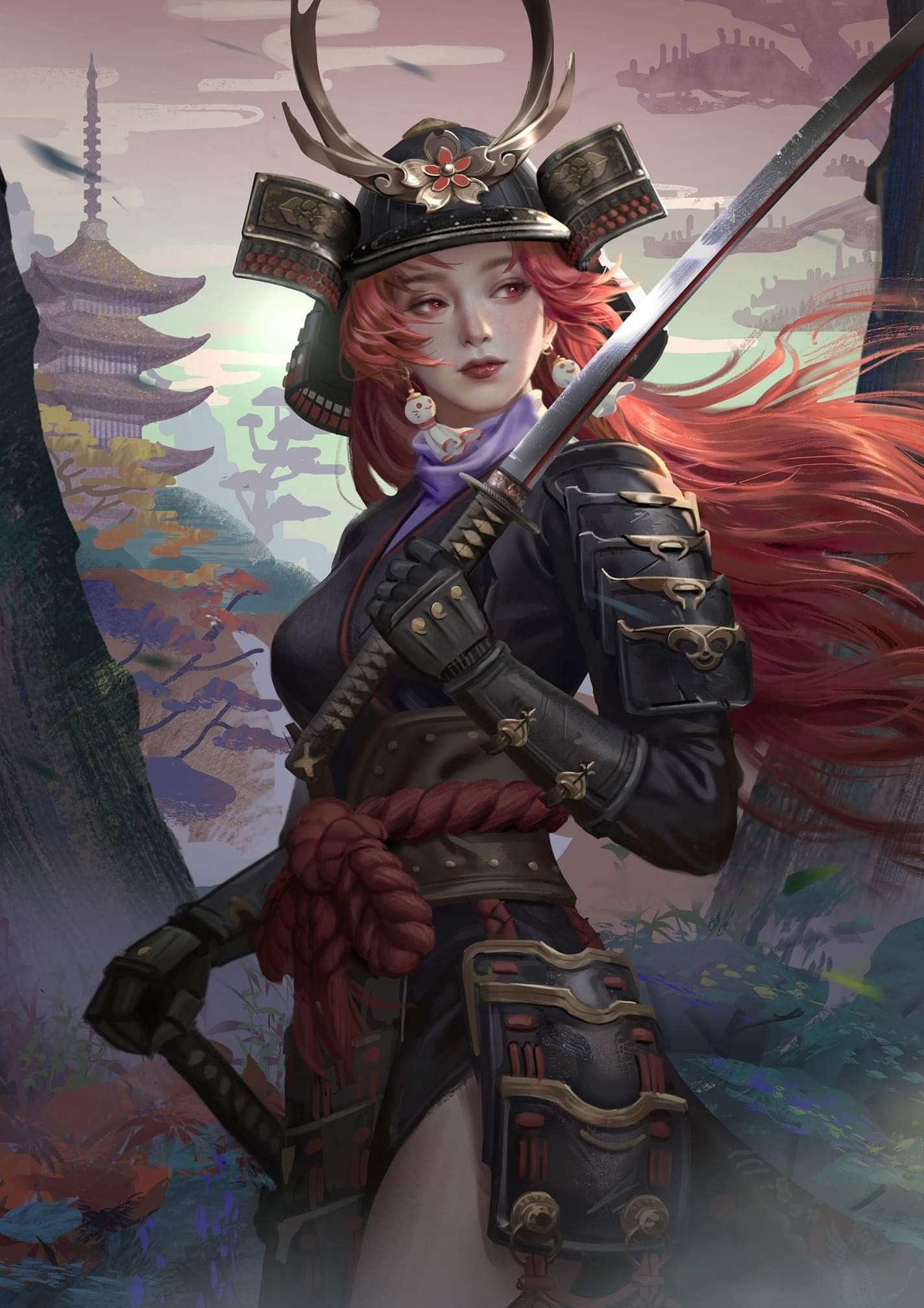 Female samurai warrior, Ornate kabuto helmet, Traditional pagoda landscape, HD Phone wallpaper